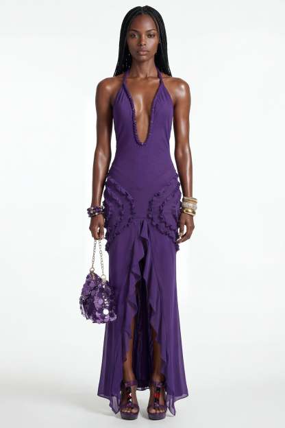 Mesh Decorative Rope Ruffle Slit Maxi Dress