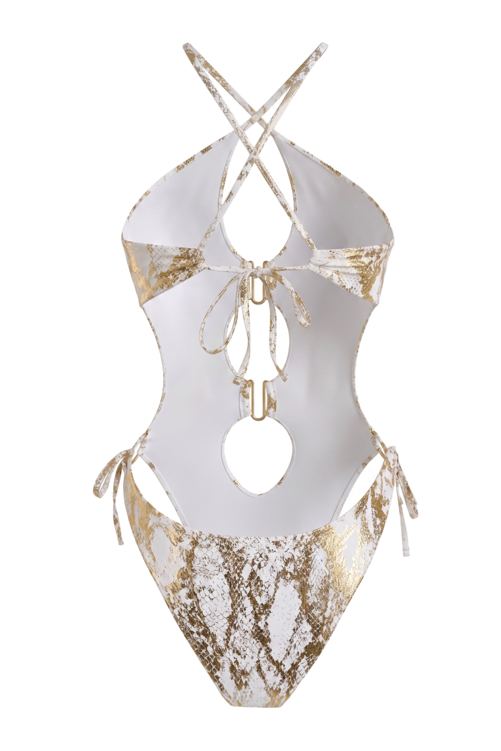 Gold Foil Stamping Metal Decorations Halter Neck One Piece Swimsuit