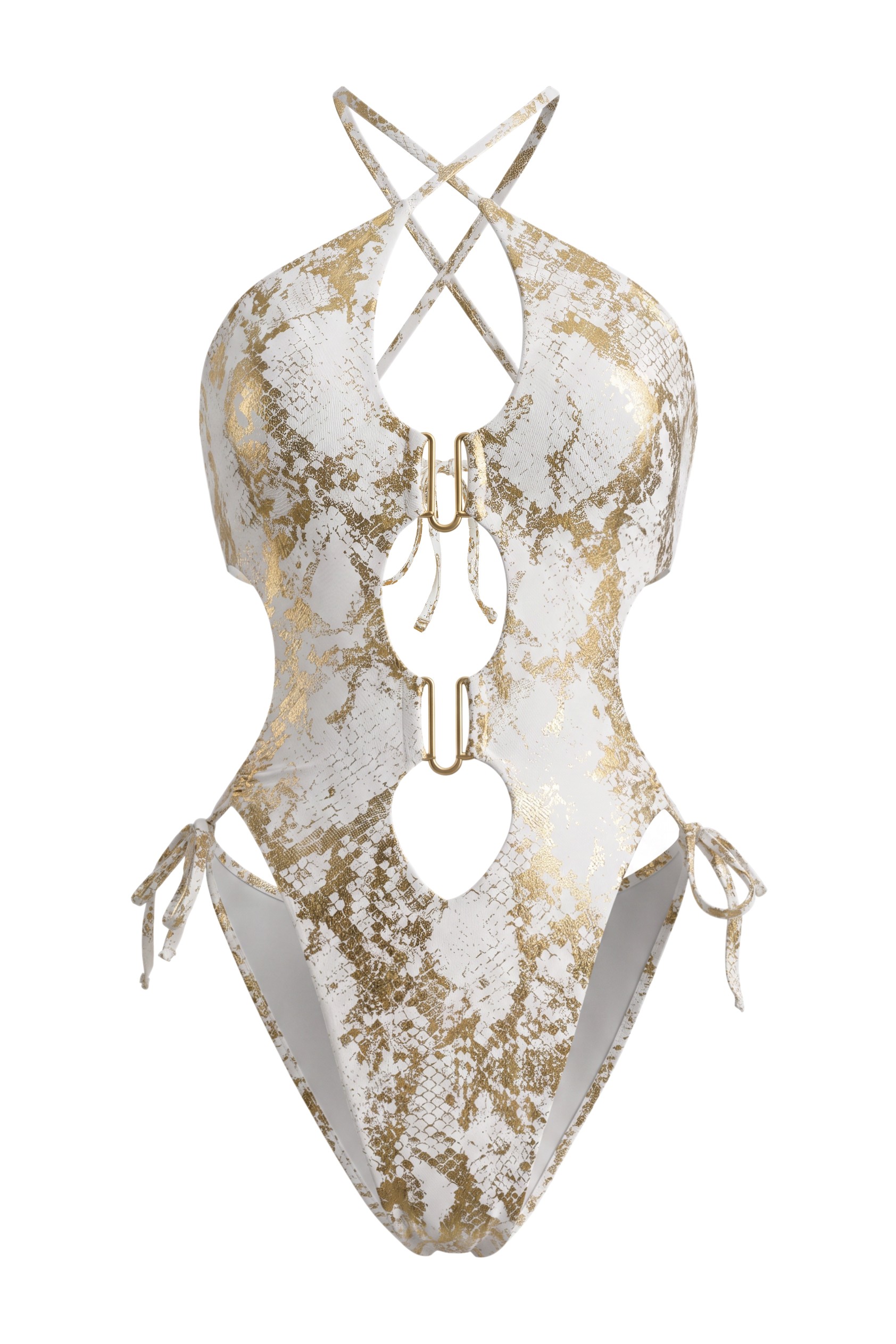 Gold Foil Stamping Metal Decorations Halter Neck One Piece Swimsuit