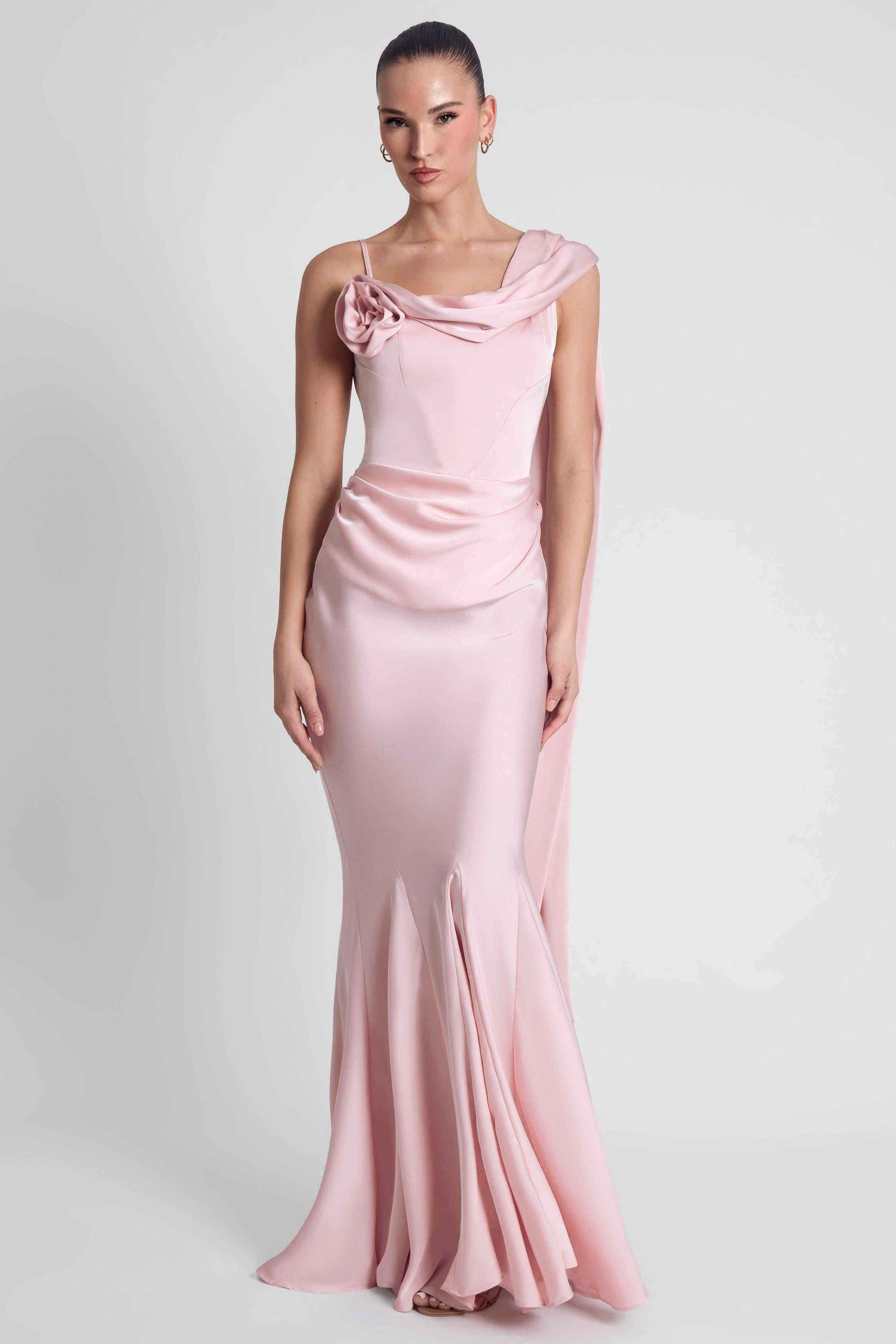 Satin 3D Flower Ruched Maxi Dress