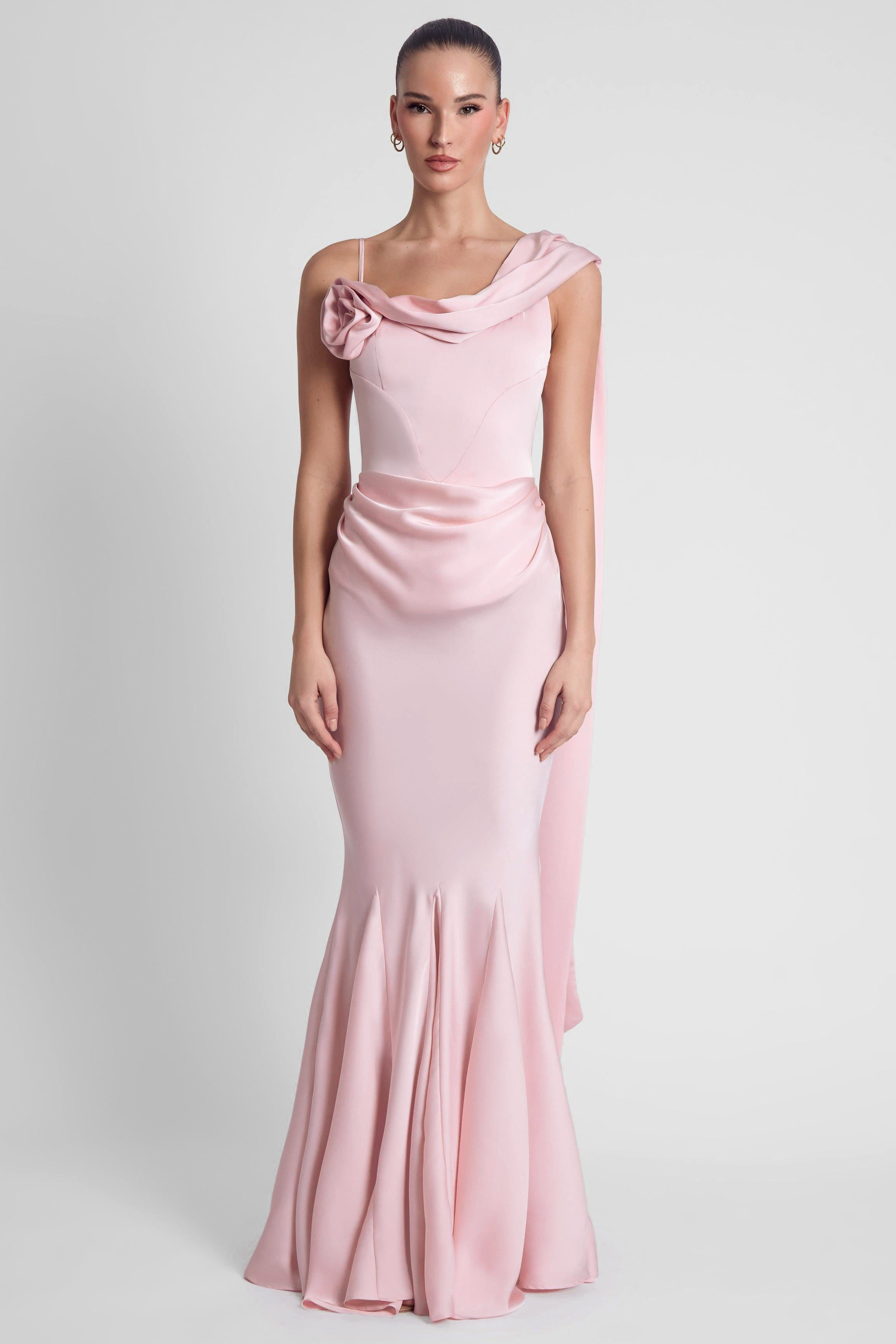 Satin 3D Flower Ruched Maxi Dress