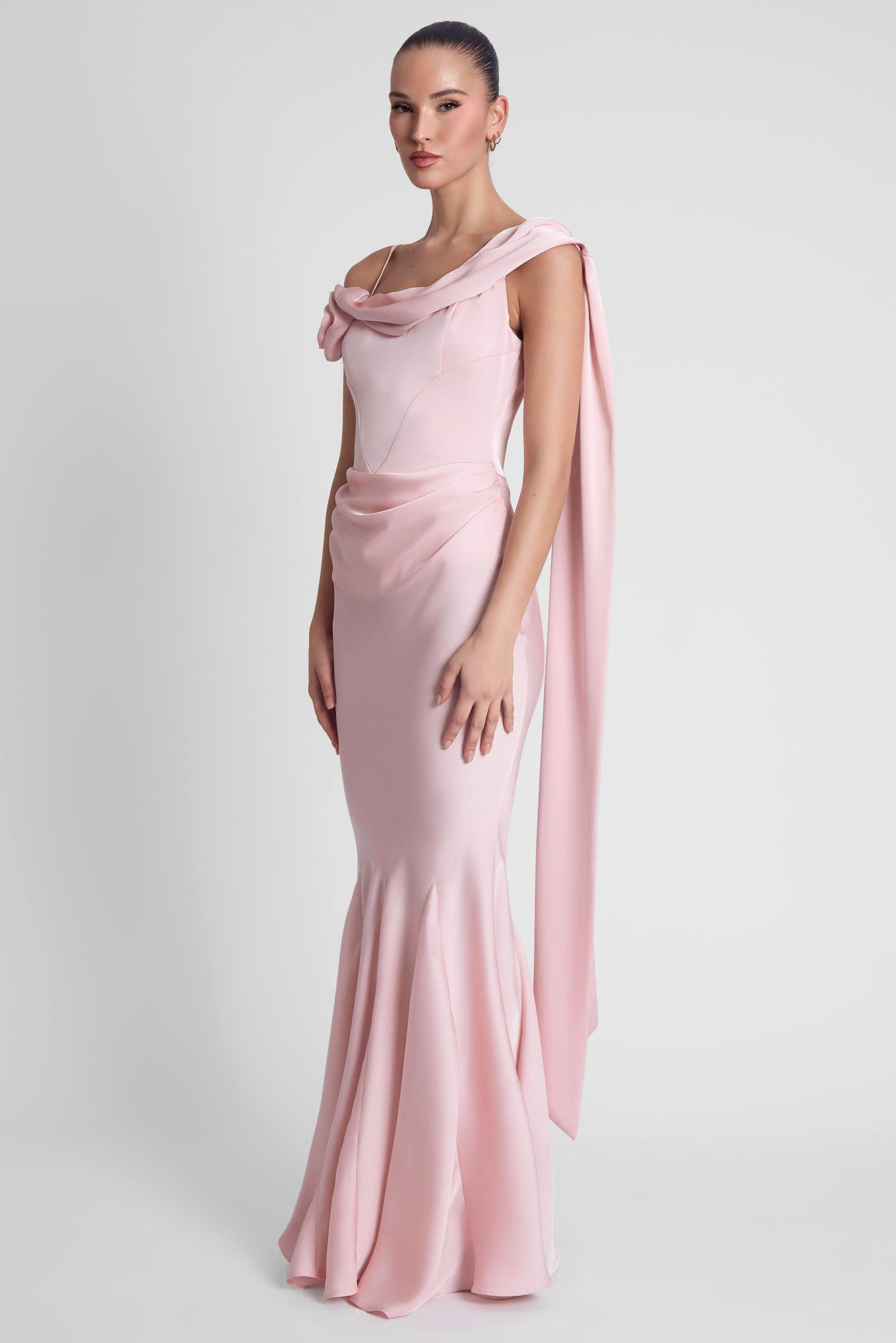 Satin 3D Flower Ruched Maxi Dress