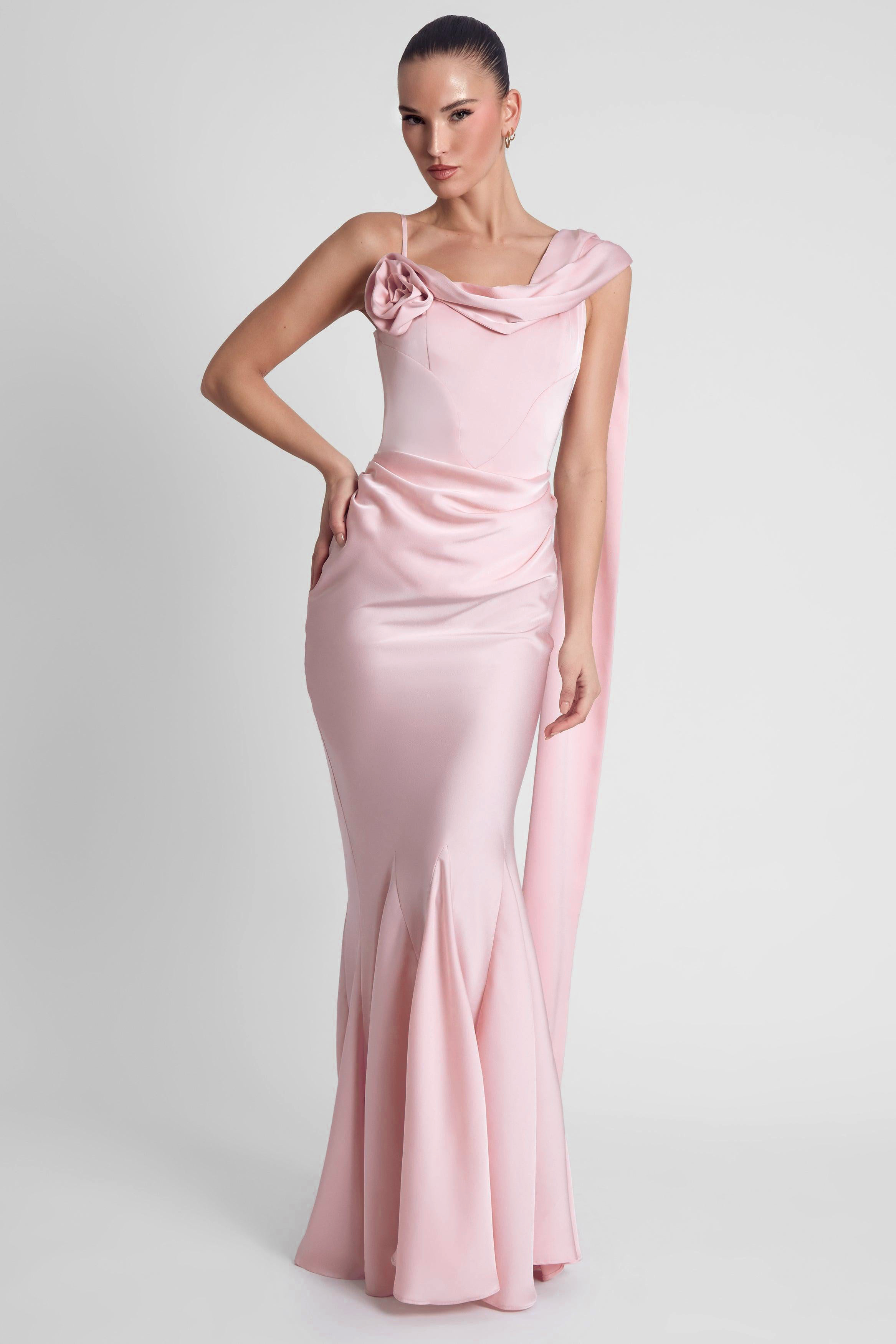 Satin 3D Flower Ruched Maxi Dress