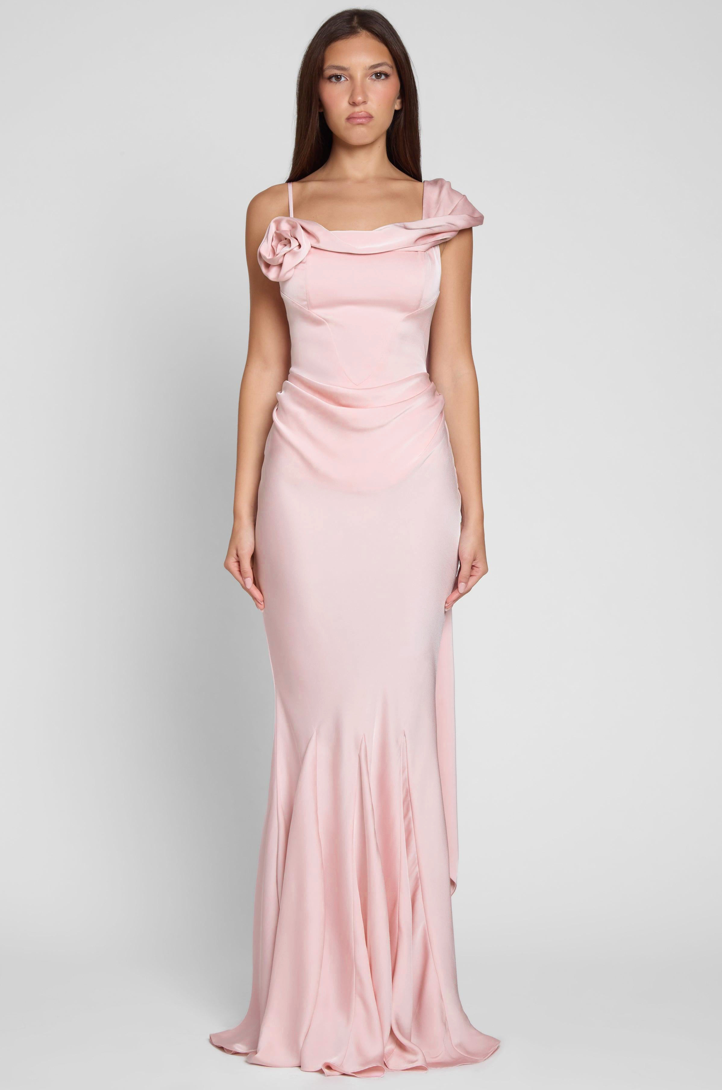 Satin 3D Flower Ruched Maxi Dress