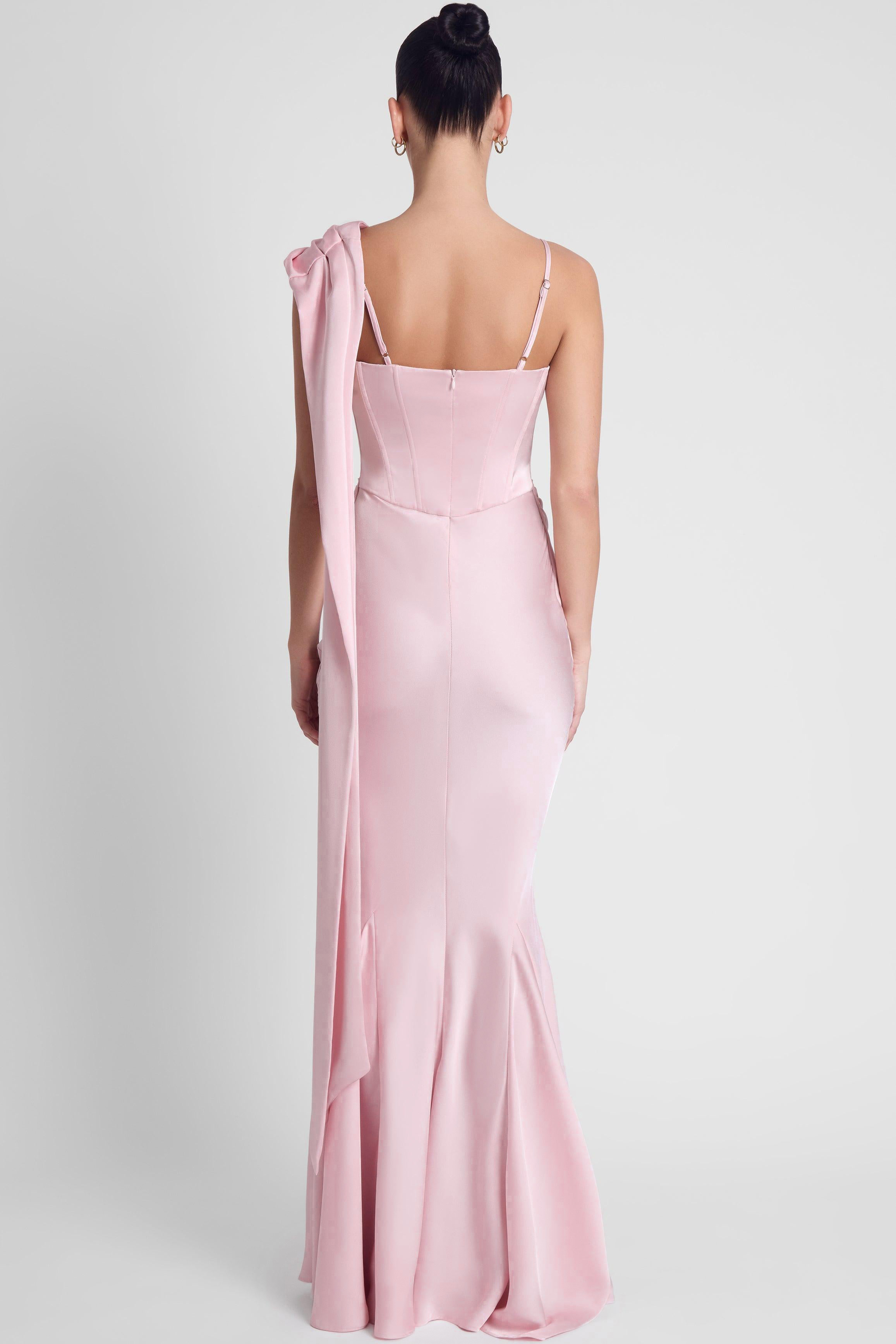 Satin 3D Flower Ruched Maxi Dress