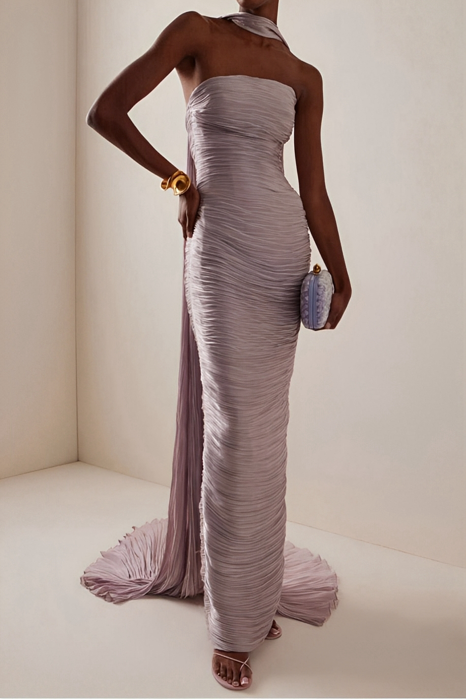 Satin Off-Shoulder Gathering Maxi Dress With Cape