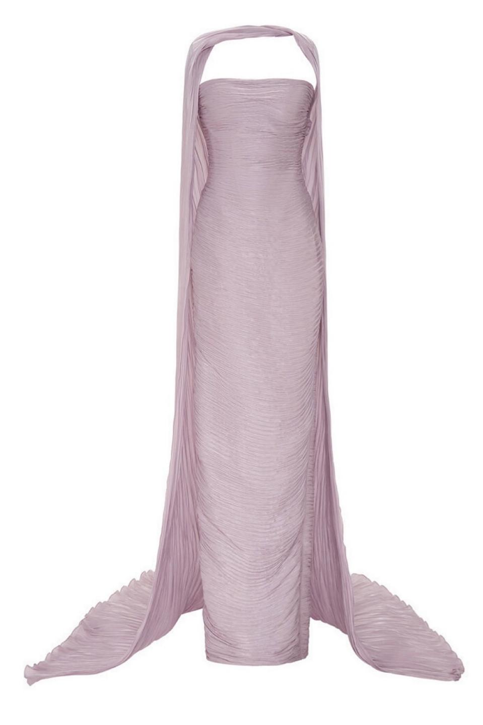 Satin Off-Shoulder Gathering Maxi Dress With Cape