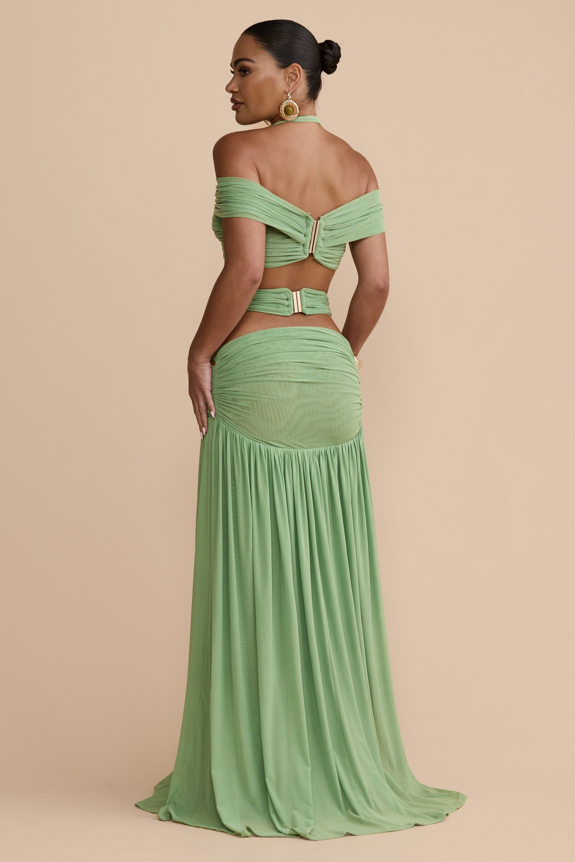 Mesh Gathering Halter Neck Top & Cut-Out Maxi Skirt Set