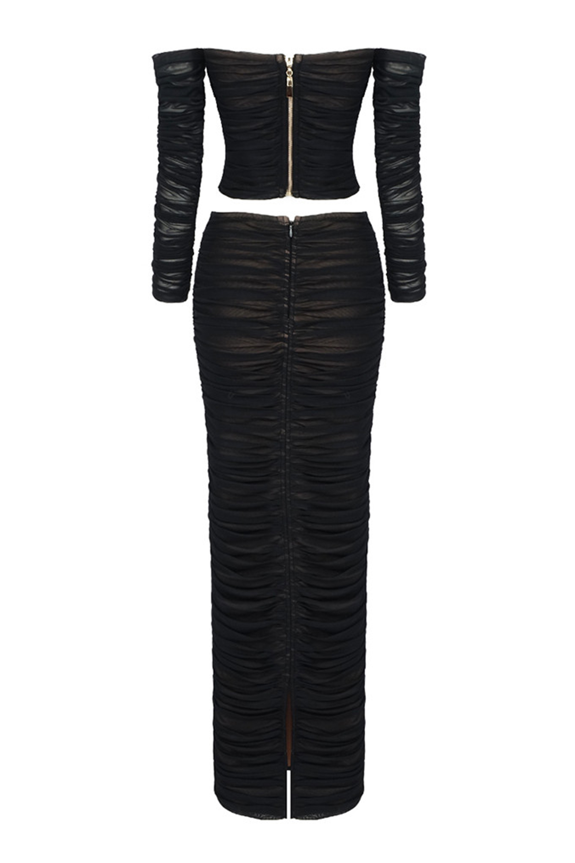 Mesh Rhinestone One-Shoulder Top & Hight Waist Gathering Midi Skirt Set