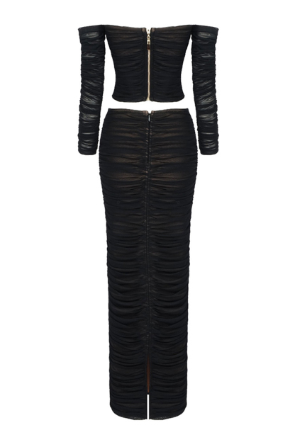 Mesh Rhinestone One-Shoulder Top & Hight Waist Gathering Midi Skirt Set