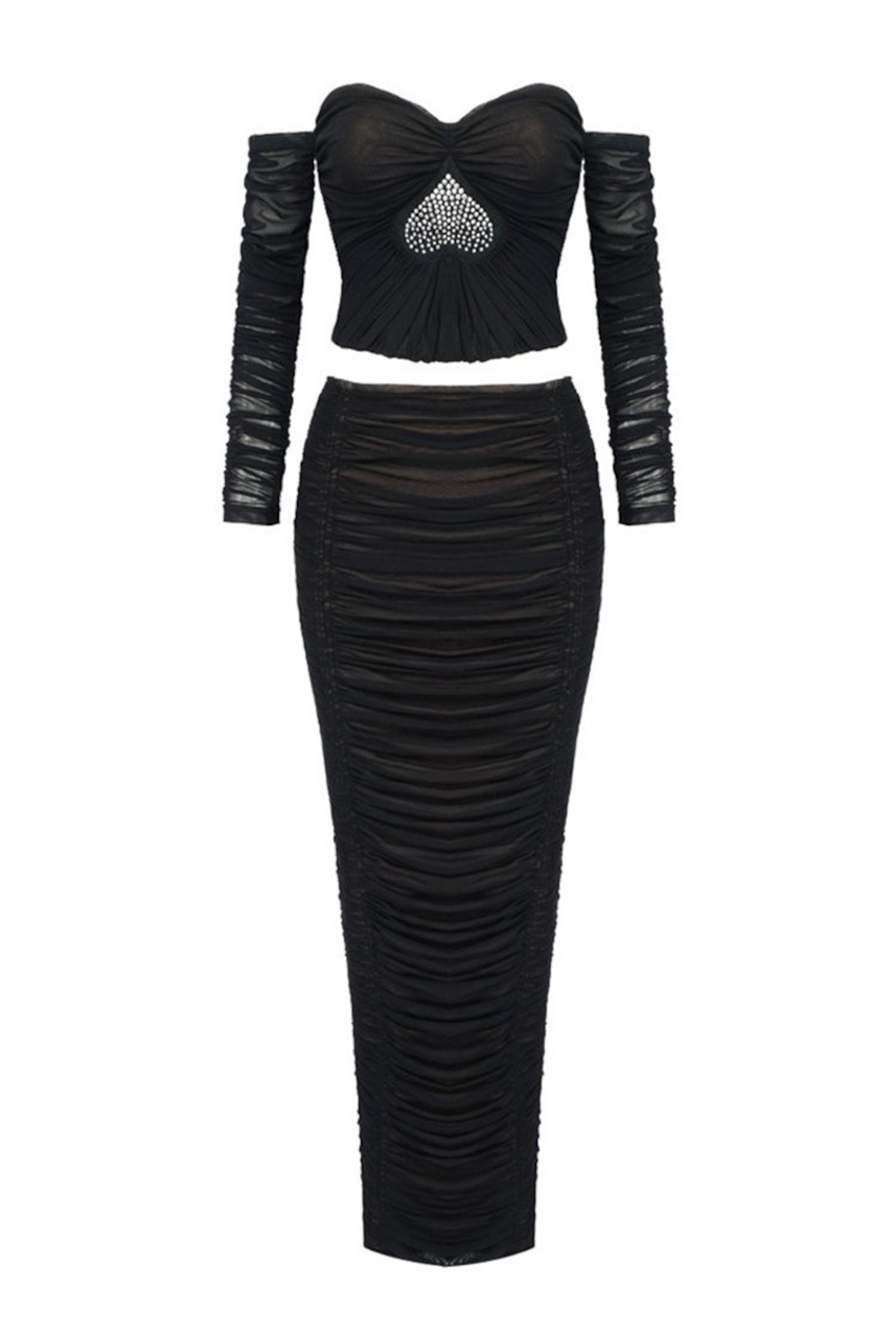 Mesh Rhinestone One-Shoulder Top & Hight Waist Gathering Midi Skirt Set