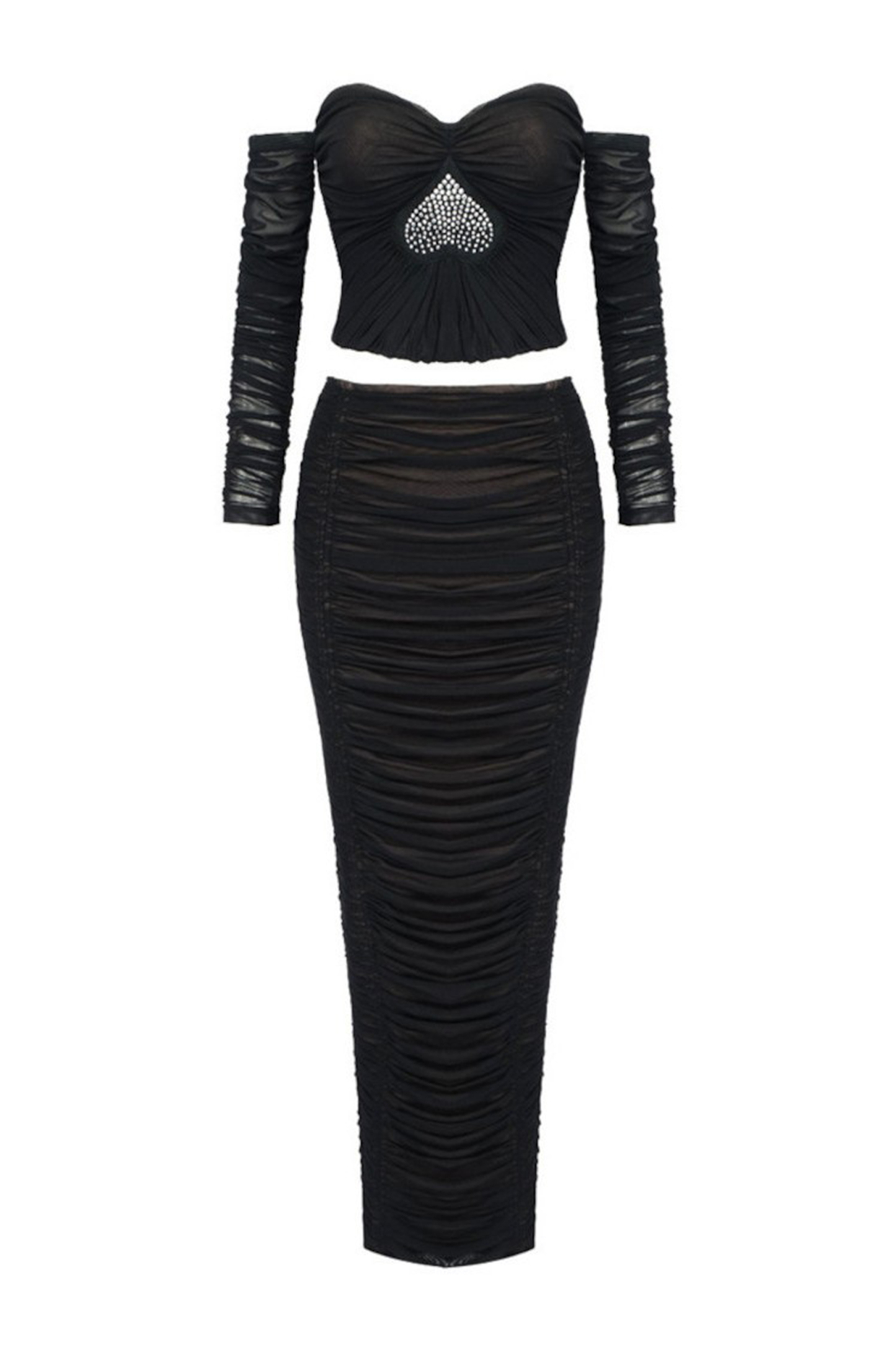 Mesh Rhinestone One-Shoulder Top & Hight Waist Gathering Midi Skirt Set