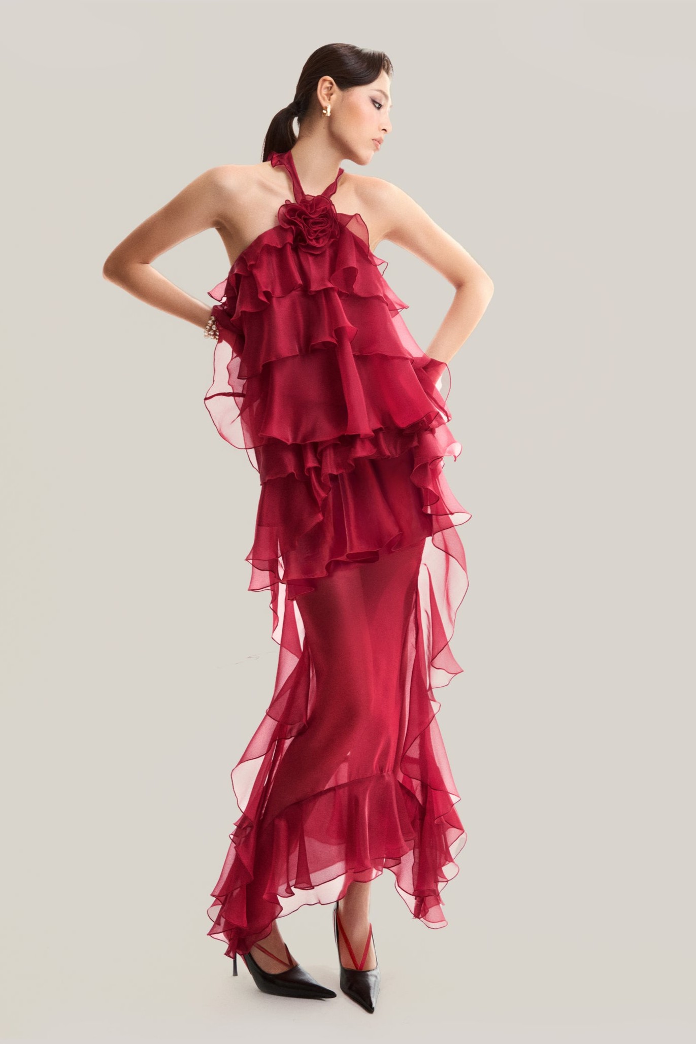 Chiffon Ruffle 3D Flower Maxi Dress