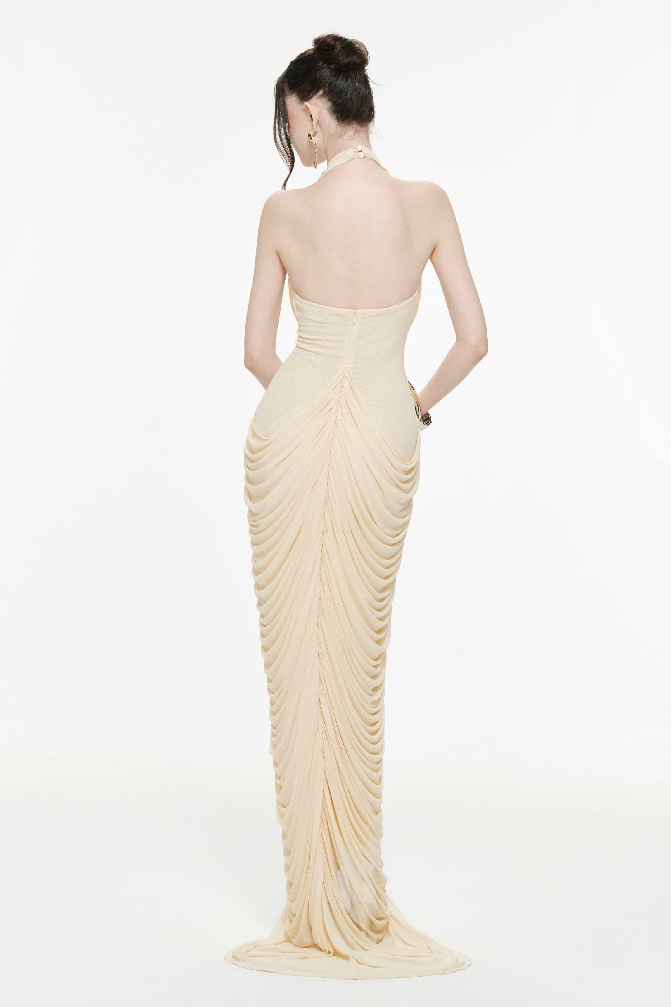Mesh Halter Neck Gathering Maxi Dress
