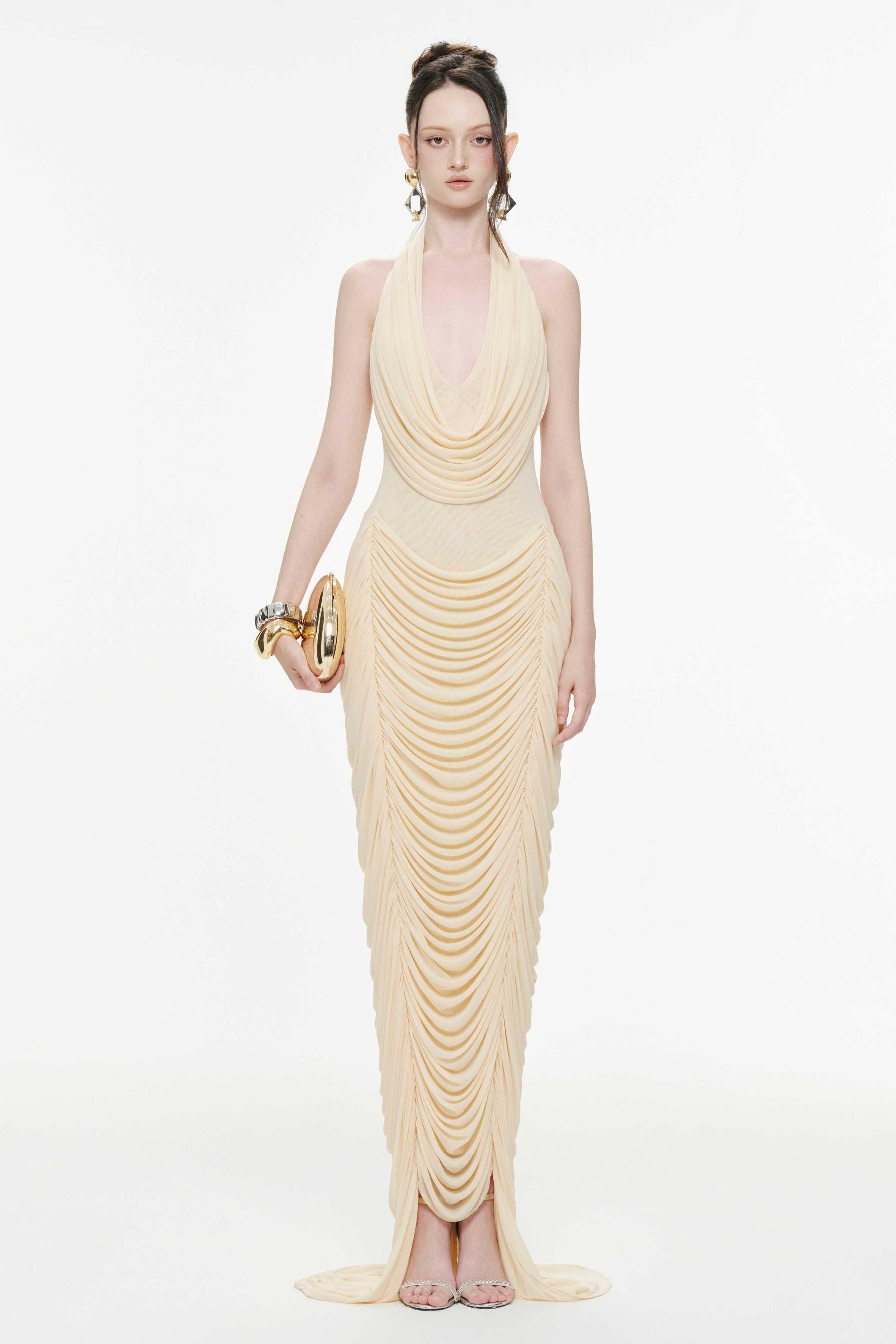 Mesh Halter Neck Gathering Maxi Dress