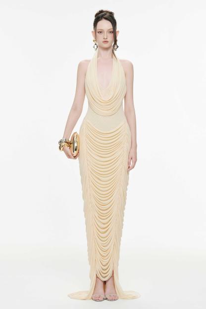 Mesh Halter Neck Gathering Maxi Dress