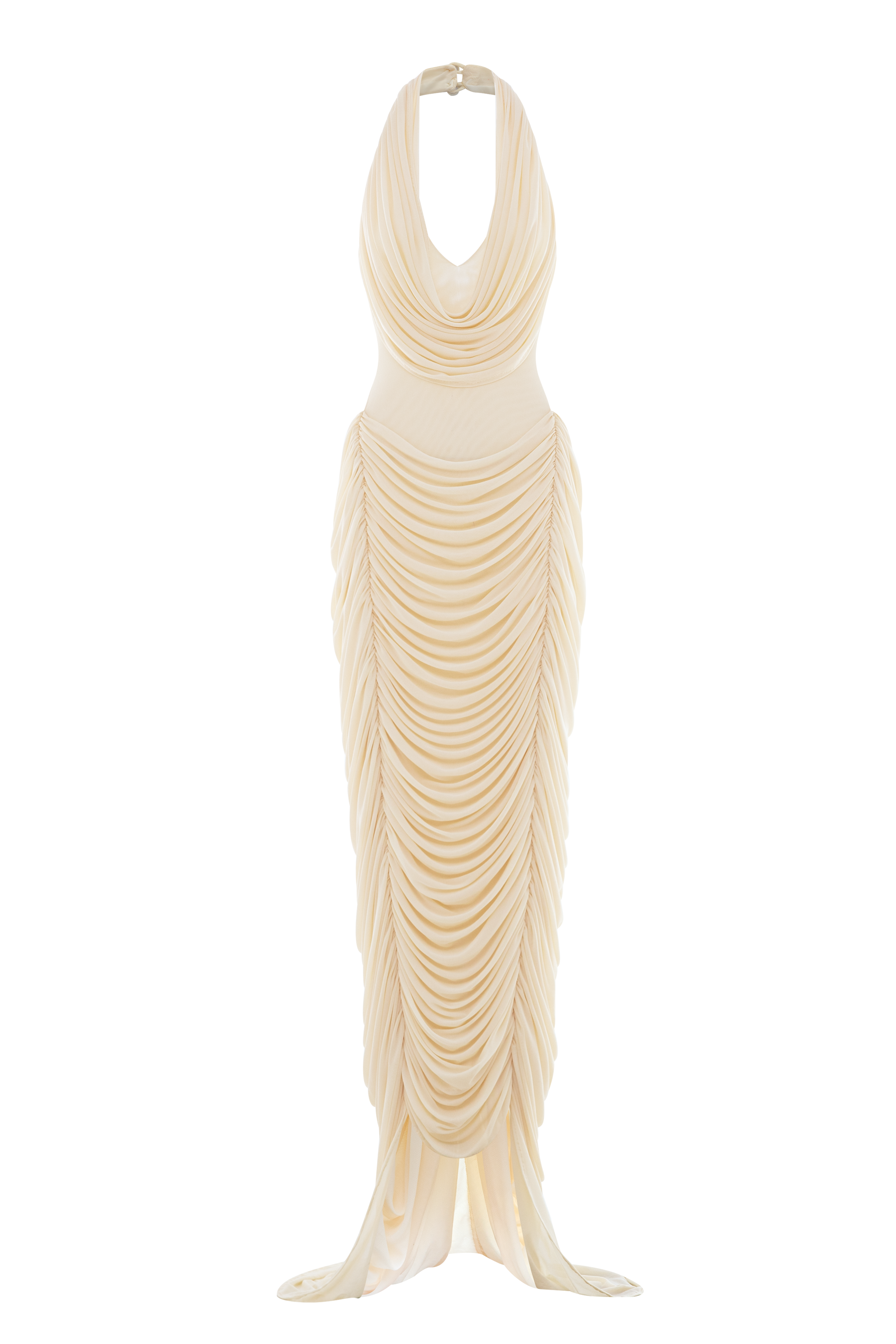 Mesh Halter Neck Gathering Maxi Dress