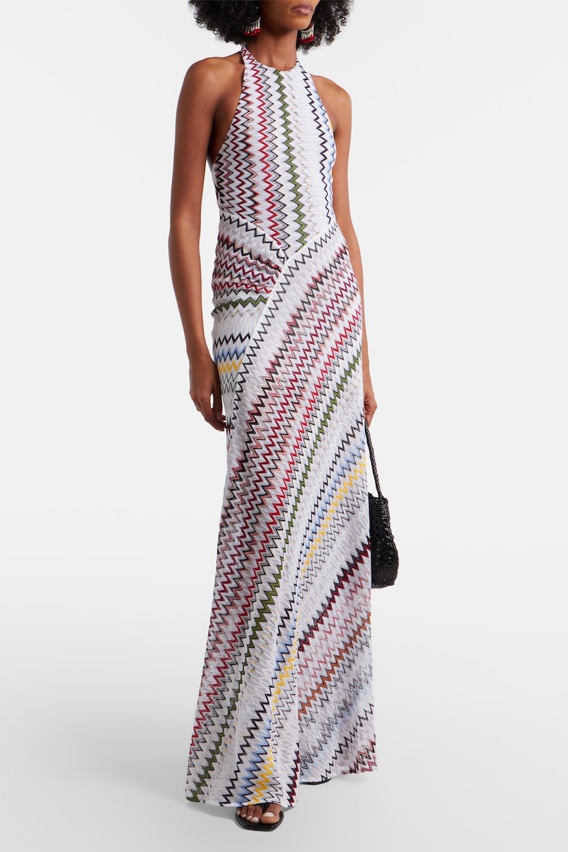 Abstract Print Halter Neck Slit Maxi Dress