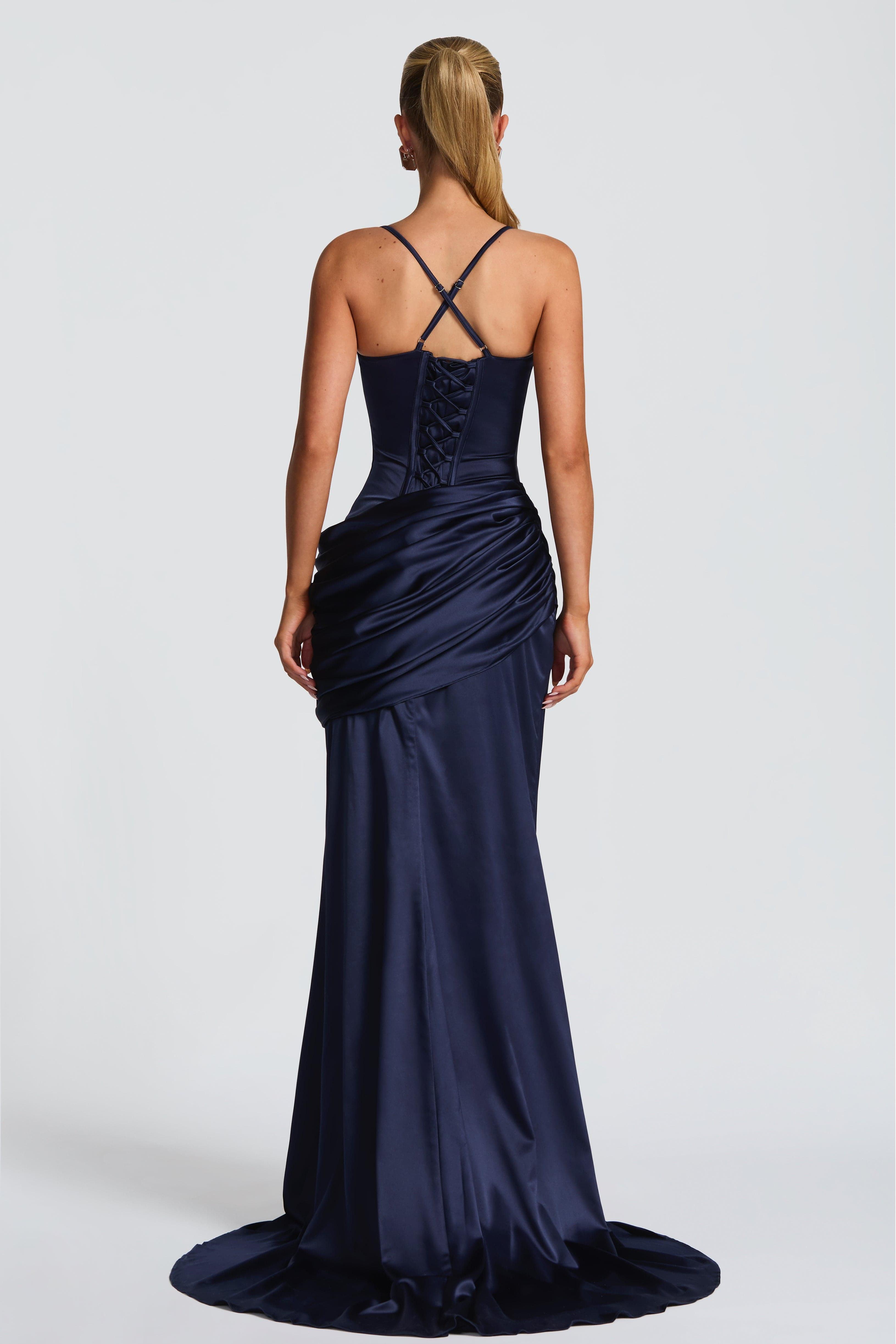 Satin Tie-Up Ruched Maxi Dress
