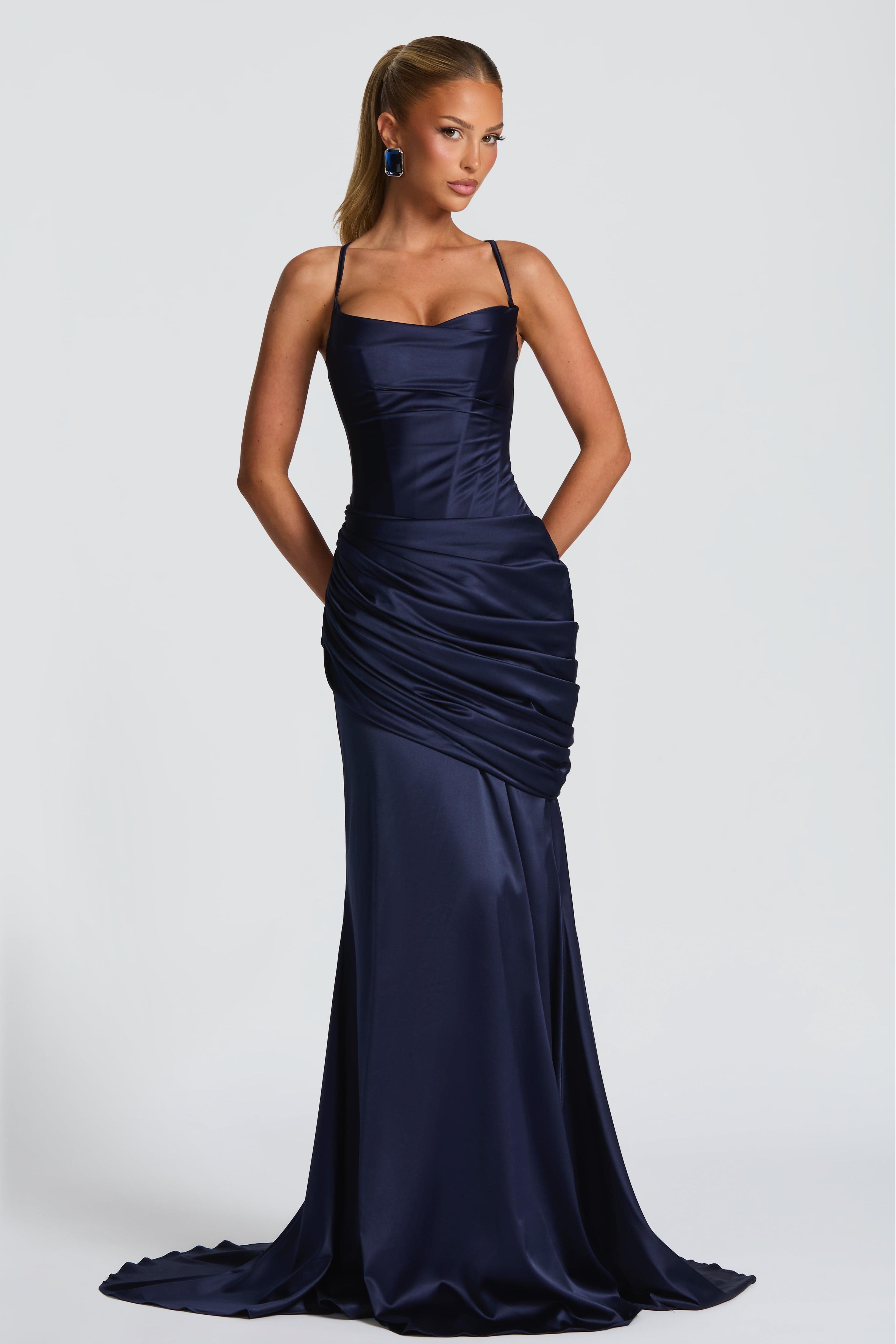 Satin Tie-Up Ruched Maxi Dress