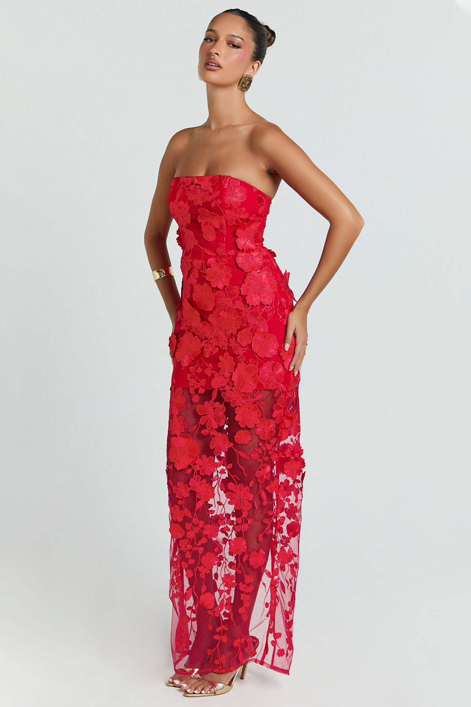 Embroidered Off-Shoulder Slit Midi Dress