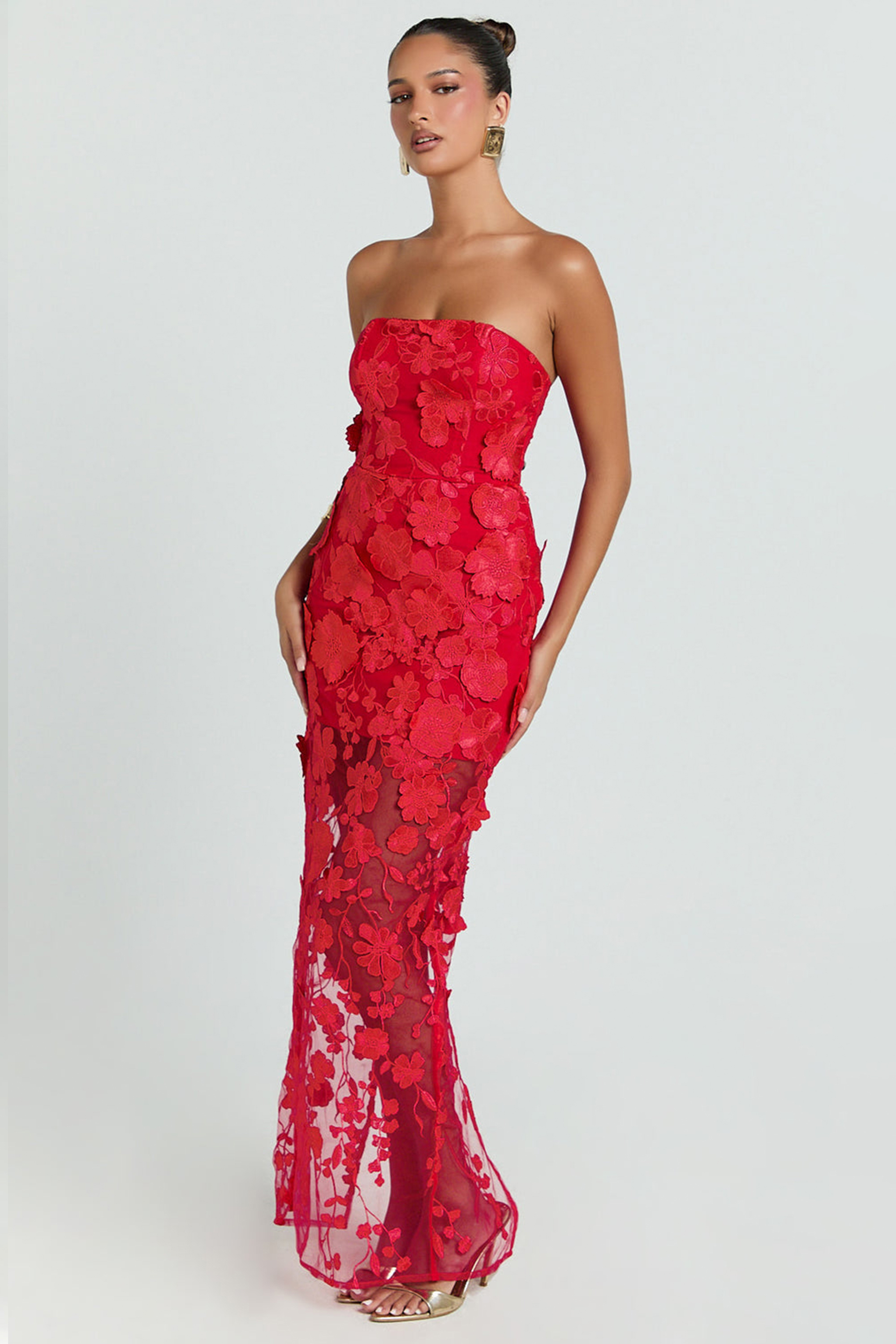 Embroidered Off-Shoulder Slit Midi Dress