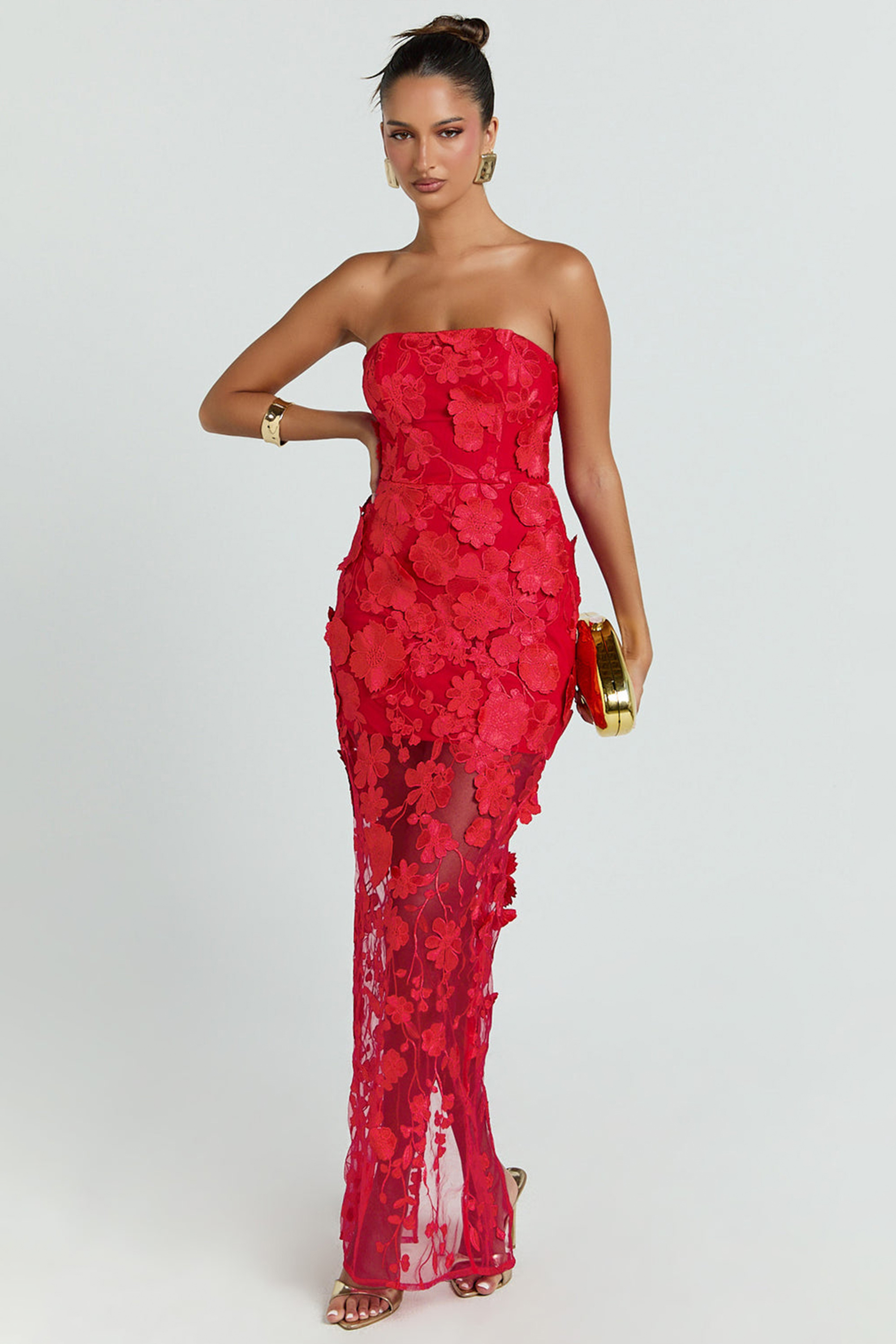 Embroidered Off-Shoulder Slit Midi Dress