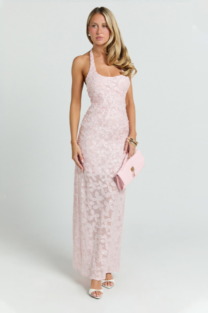 Sequin Halter Neck Backless Midi Dress