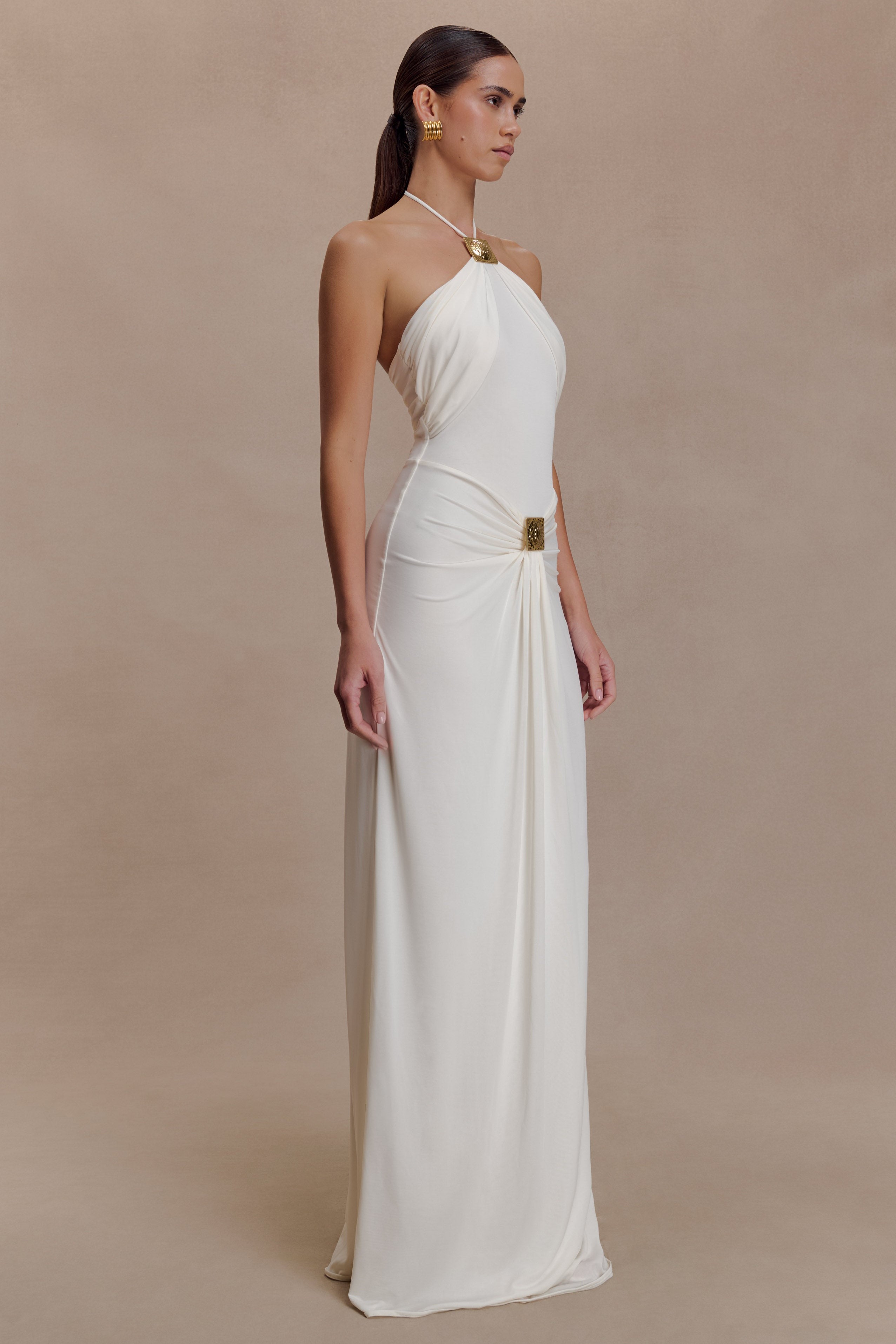 Jersey Metal Decorations Halter Neck Maxi Dress