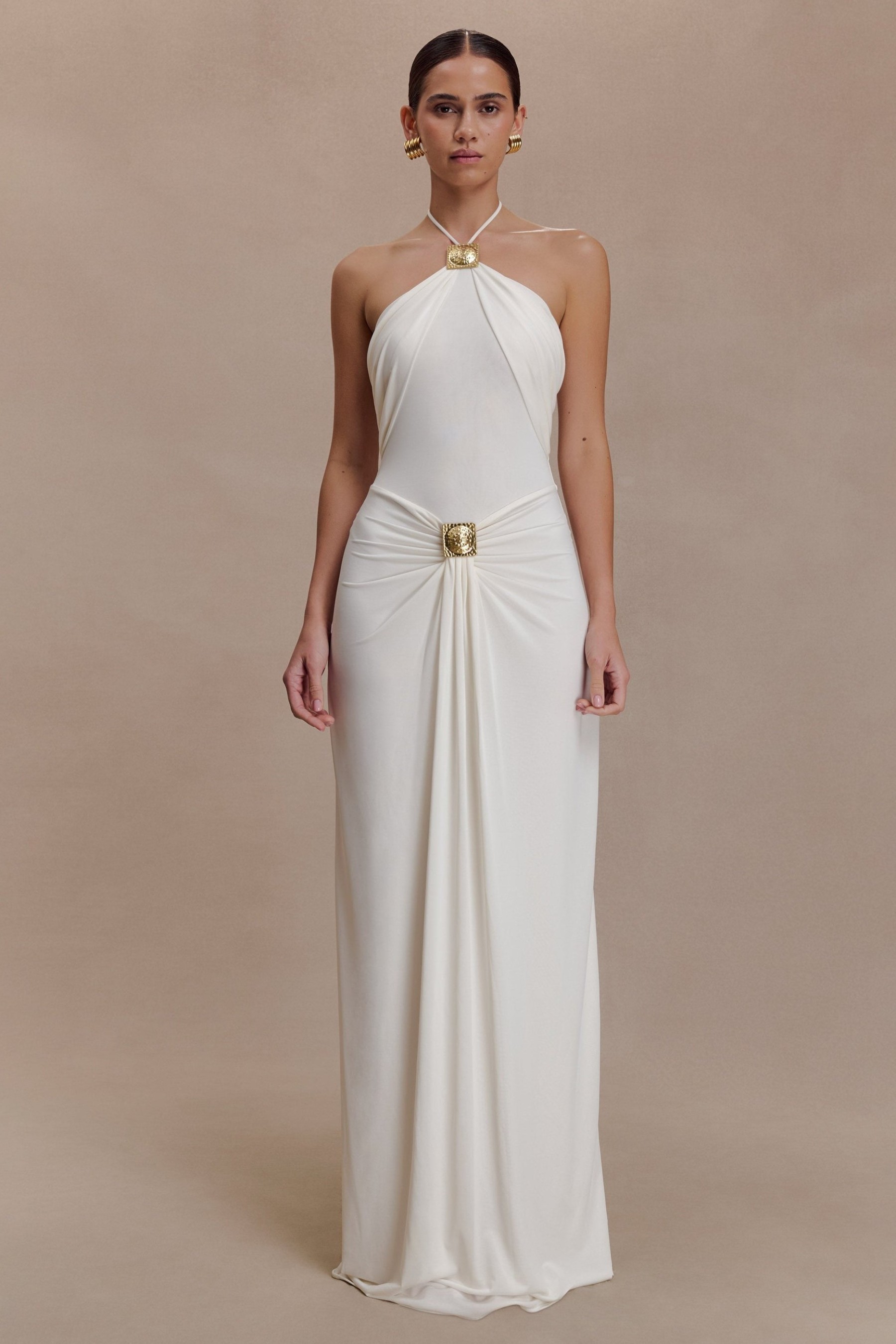 Jersey Metal Decorations Halter Neck Maxi Dress