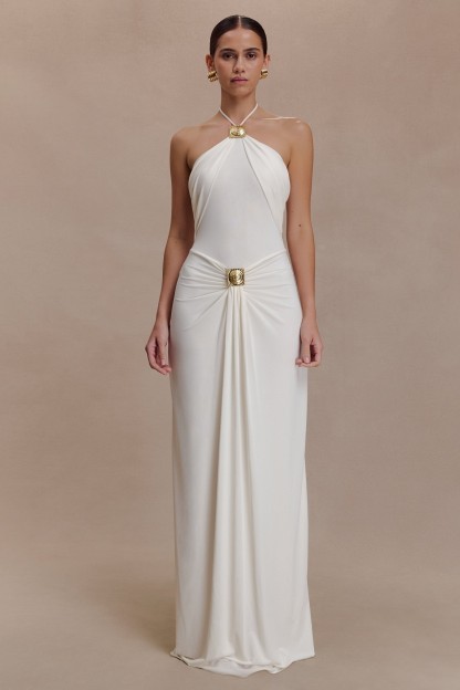 Jersey Metal Decorations Halter Neck Maxi Dress