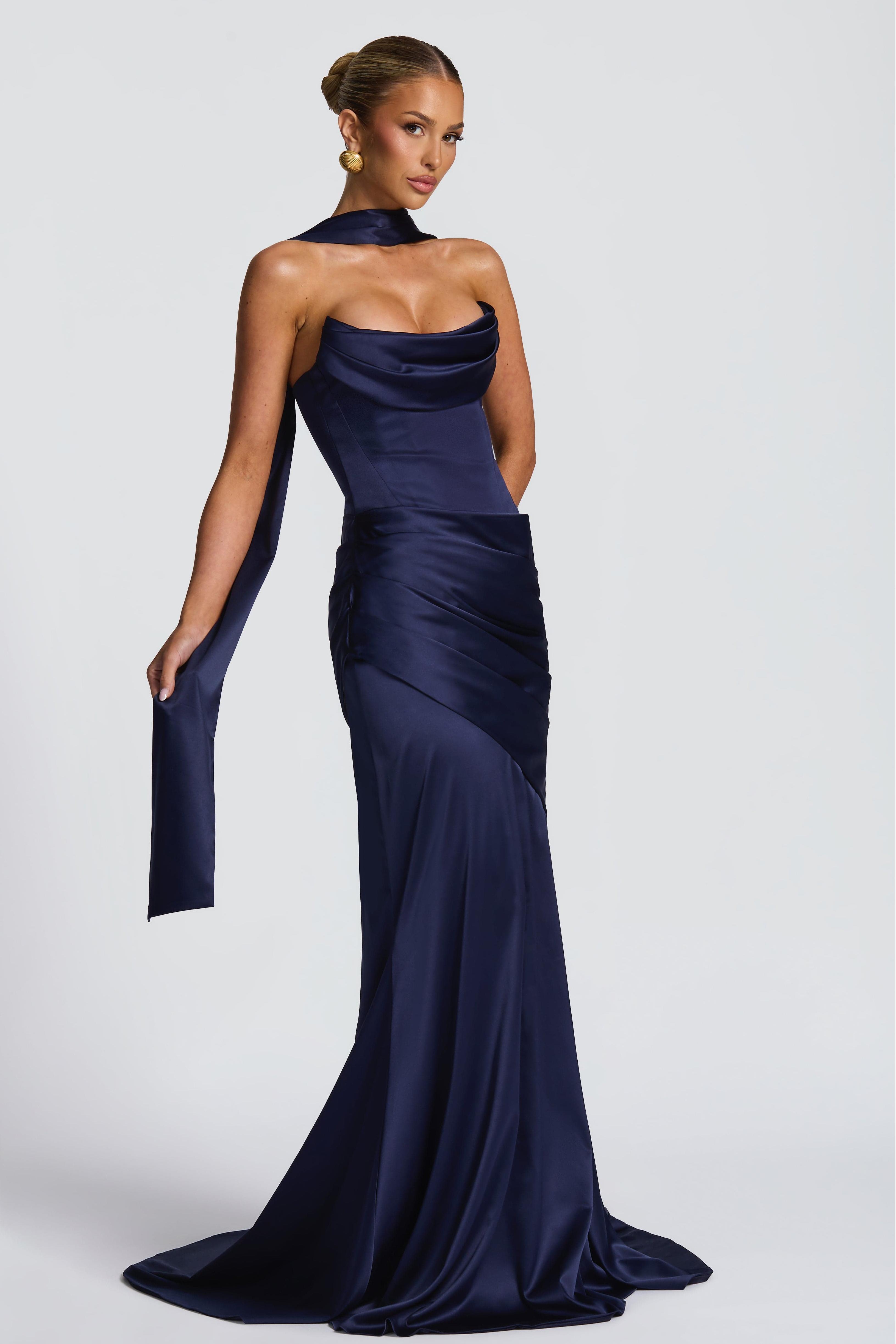 Satin Pleated Off Shoulder Maxi Dress