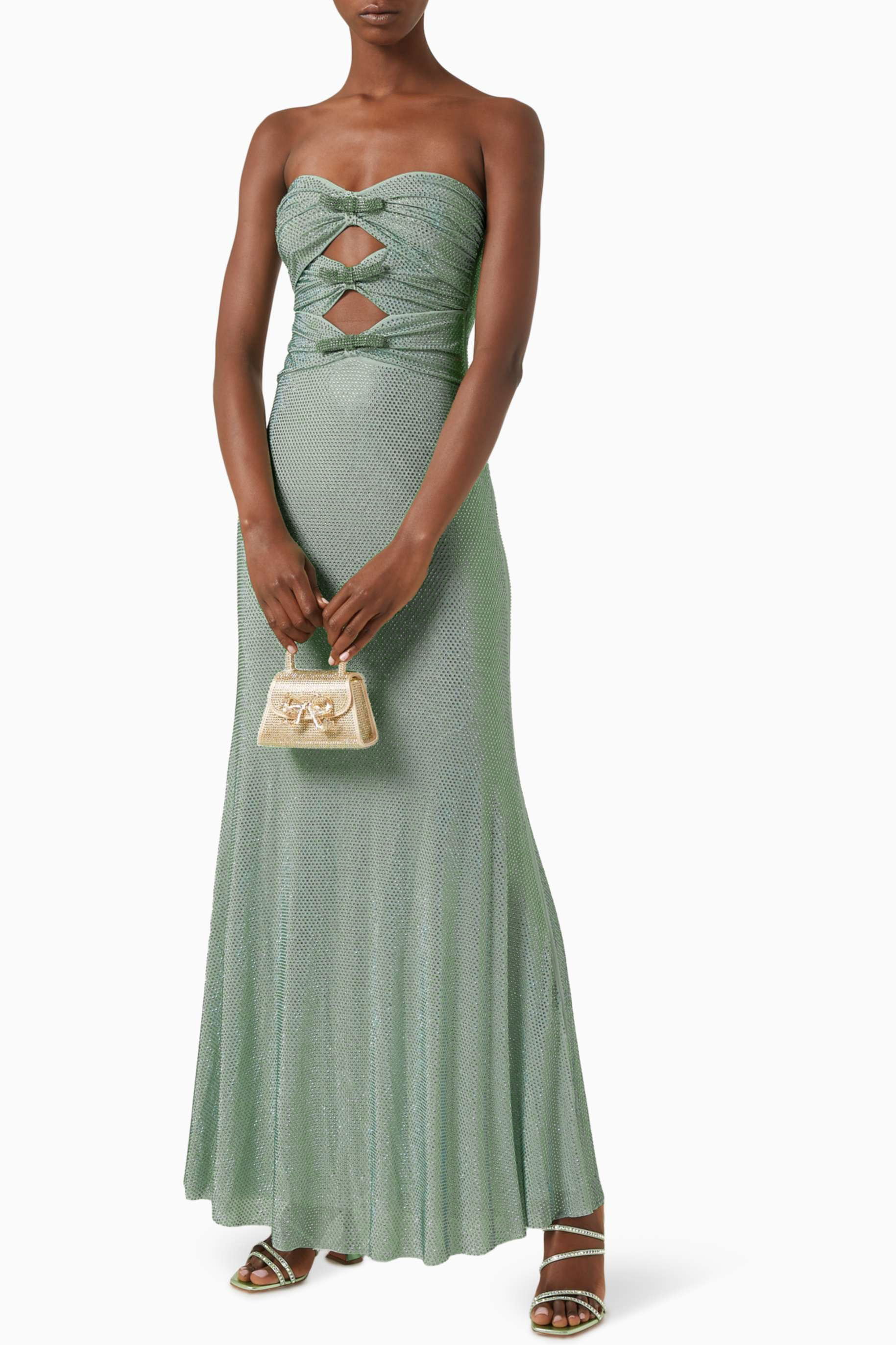 Rhinestone Bow Off-Shoulder Maxi Dress