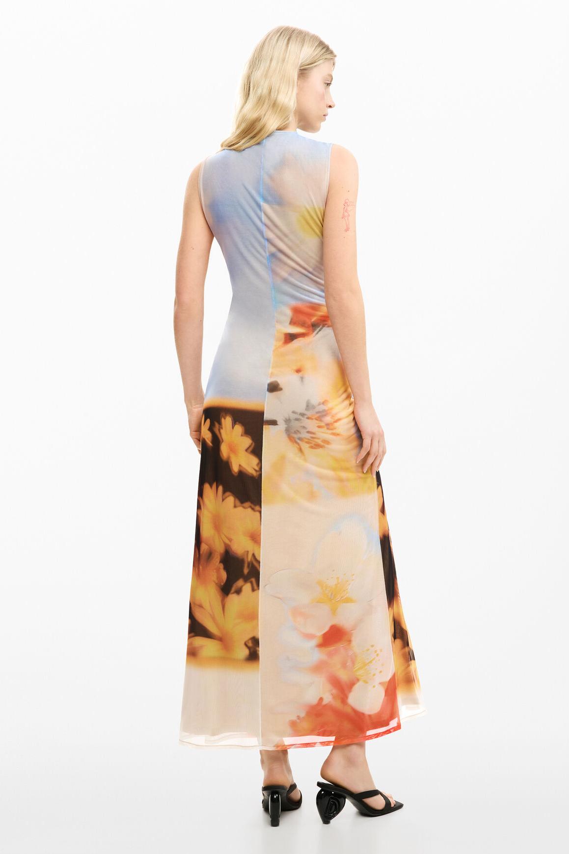 Abstract Print Shirring Slit Midi Dress