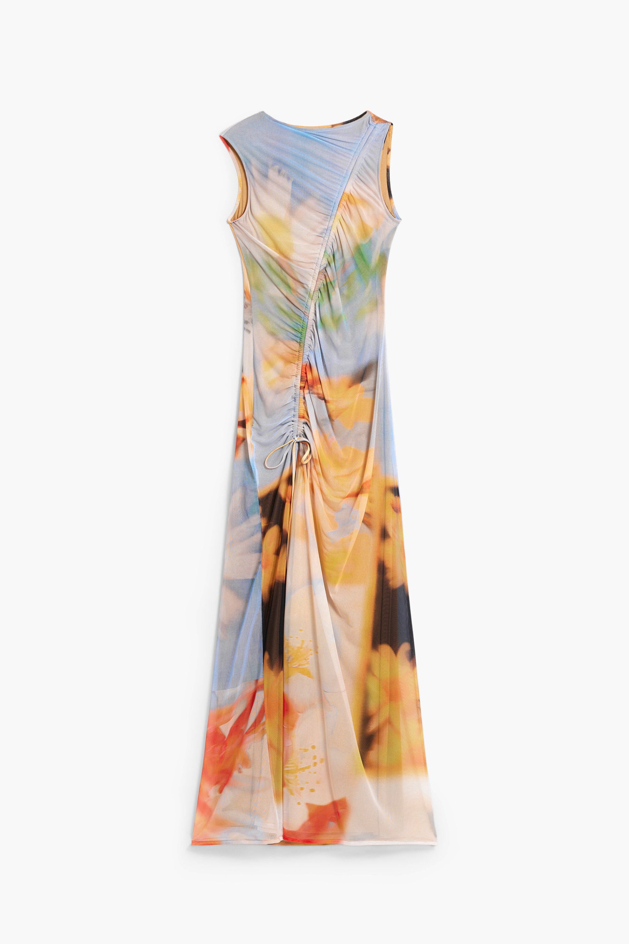 Abstract Print Shirring Slit Midi Dress