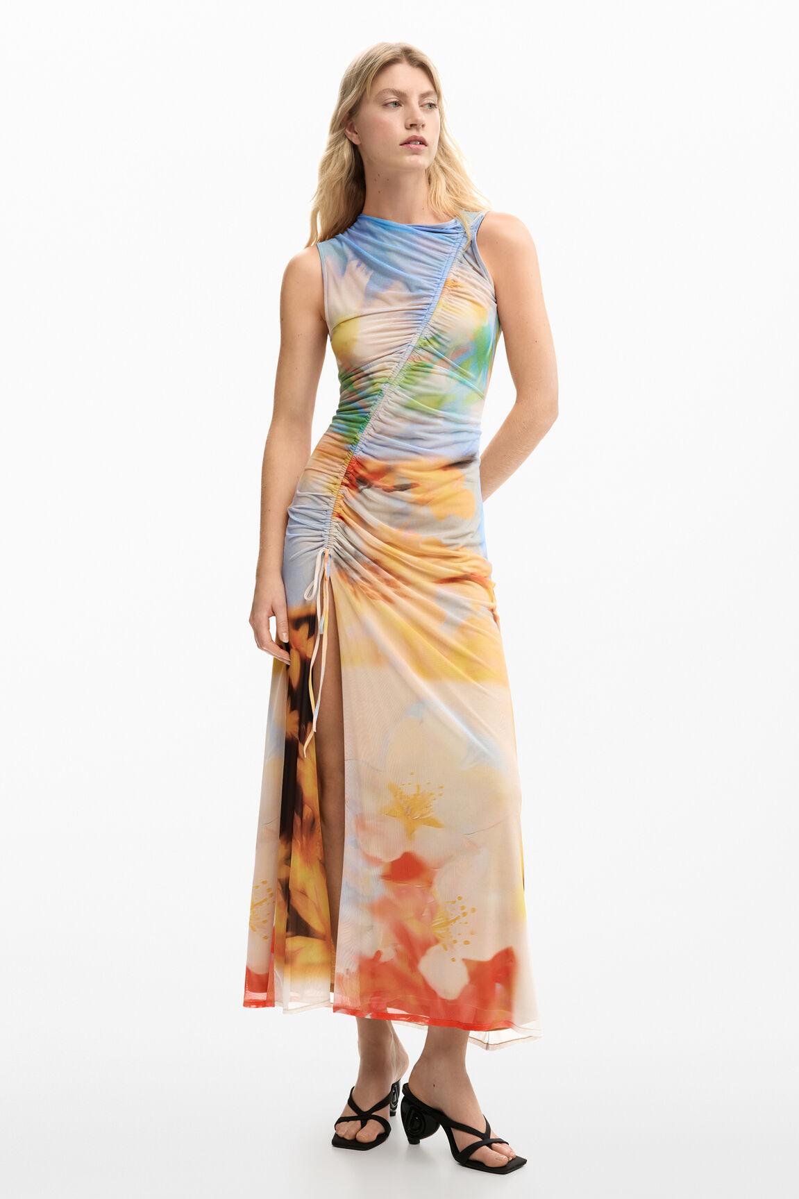 Abstract Print Shirring Slit Midi Dress