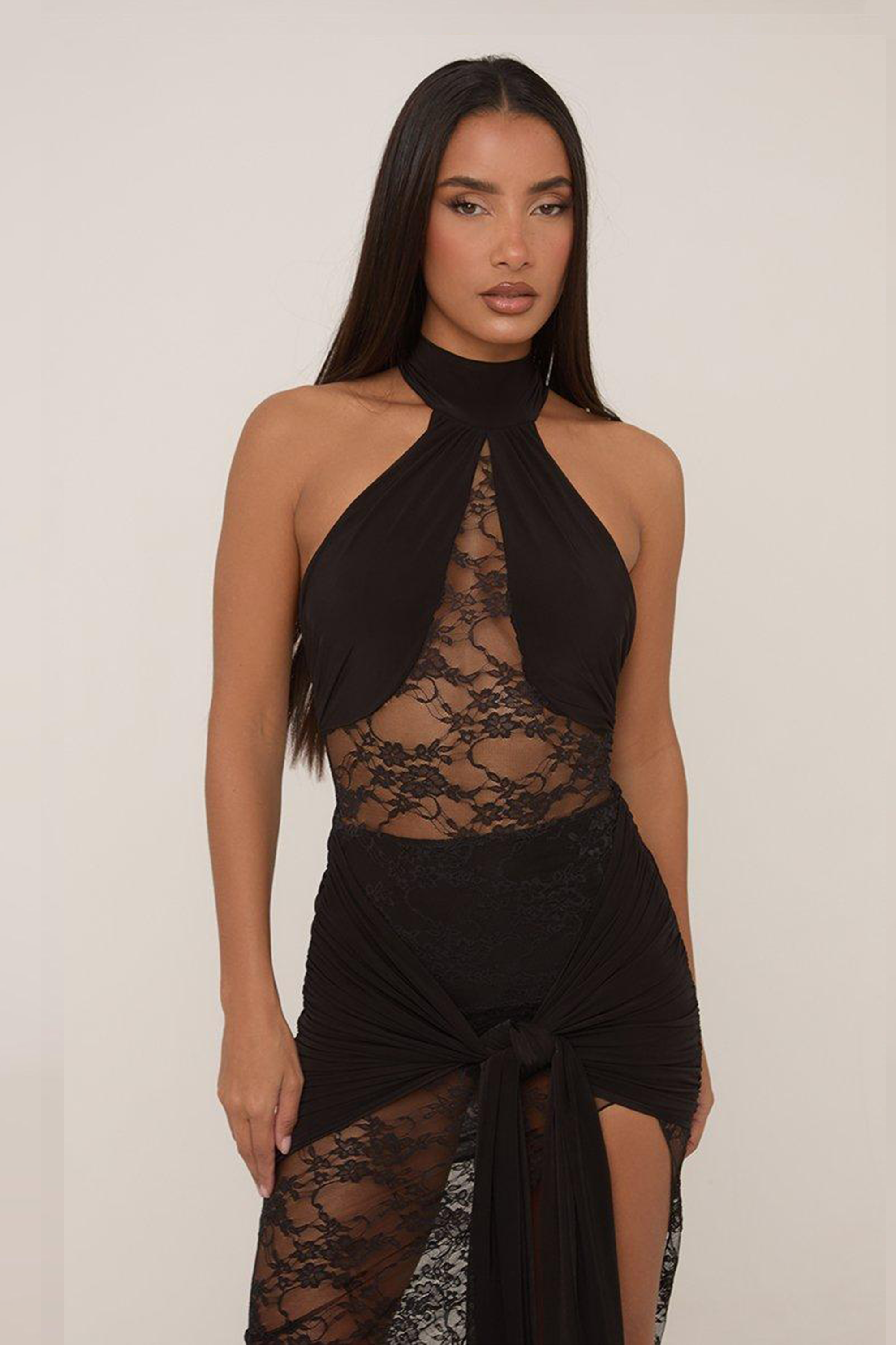 Jersey Splicing Lace Tie-Up Slit Maxi Dress
