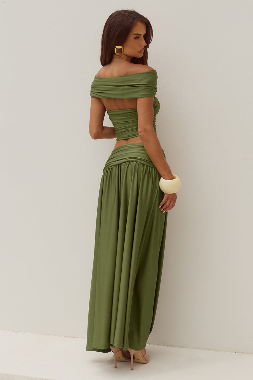 Jersey Off Shoulder Metal Decorations Top & Low Waist Maxi Skirt Set