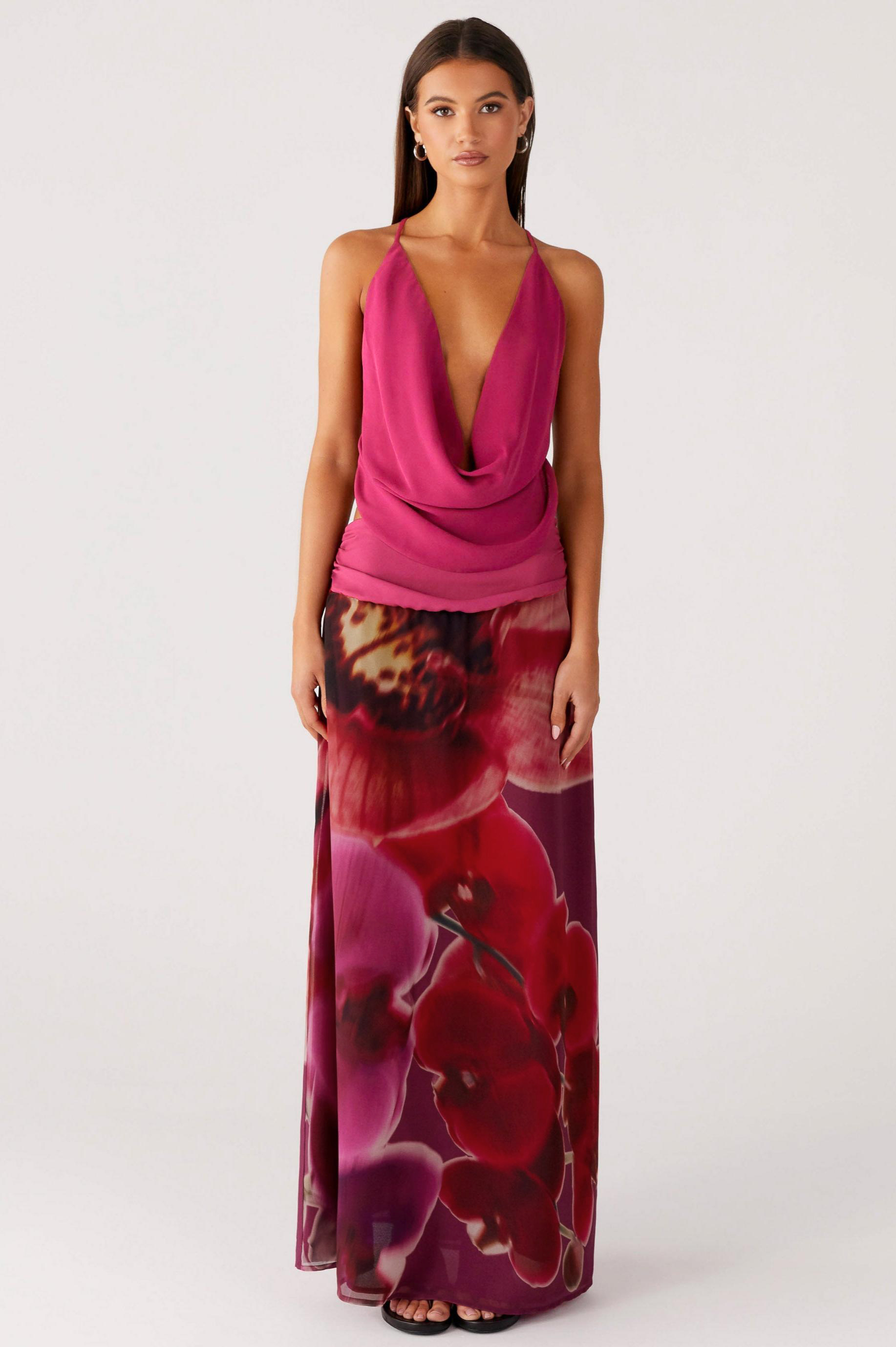 Jersey Swing Collar Top & Low Waist Floral Maxi Skirt Set