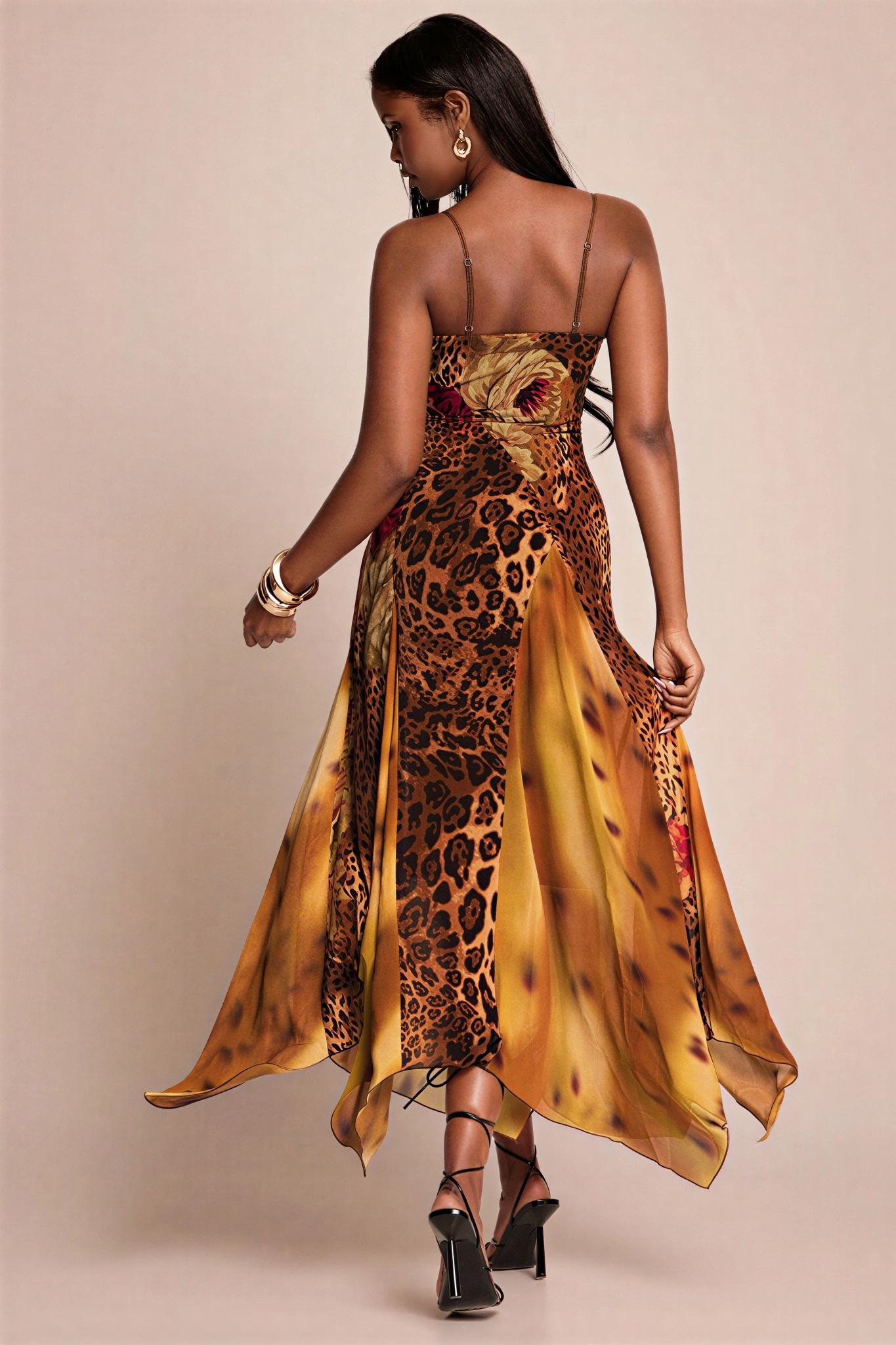 Jersey Splicing Mesh Leopard Print Midi Dress