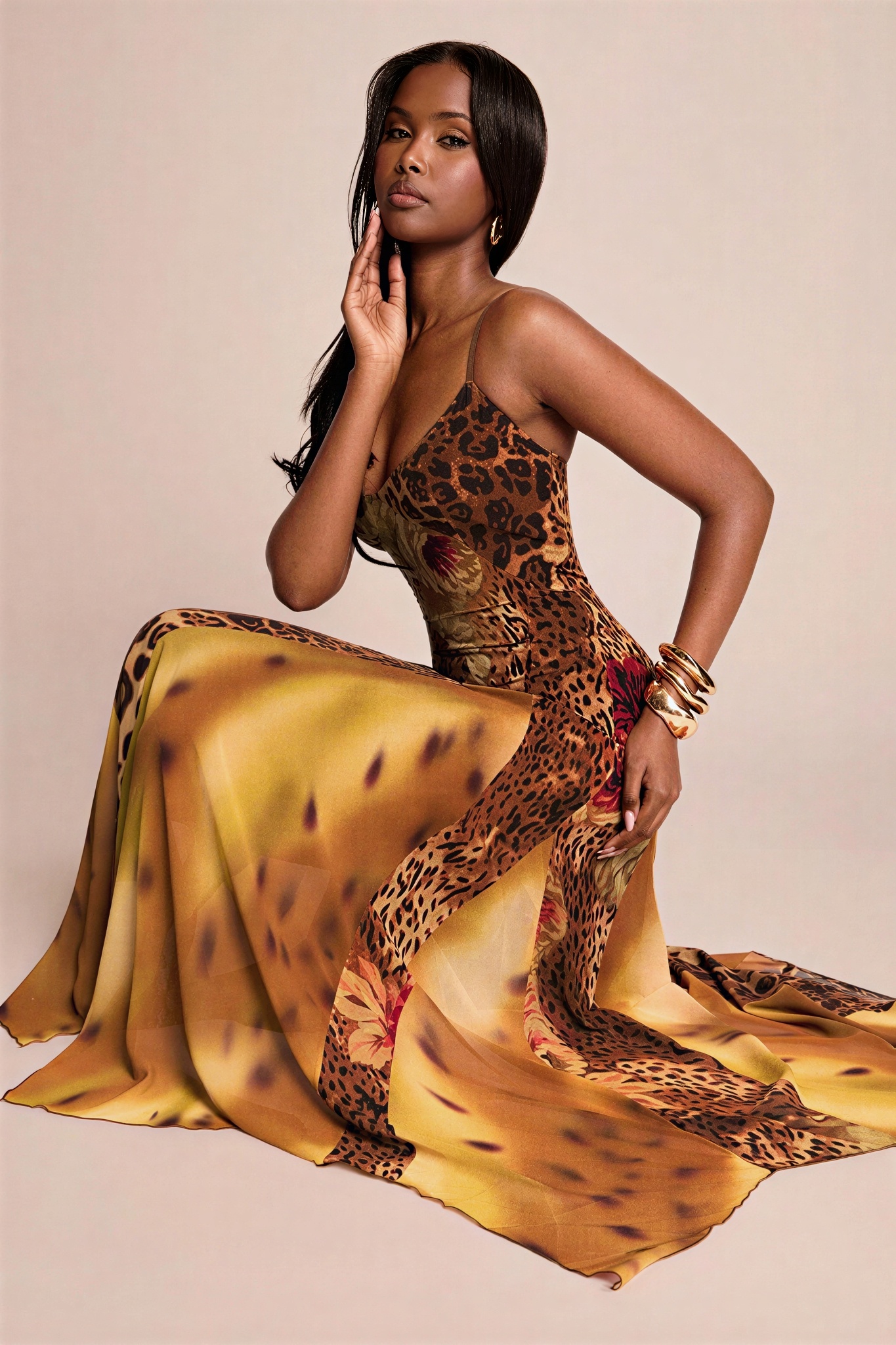 Jersey Splicing Mesh Leopard Print Midi Dress