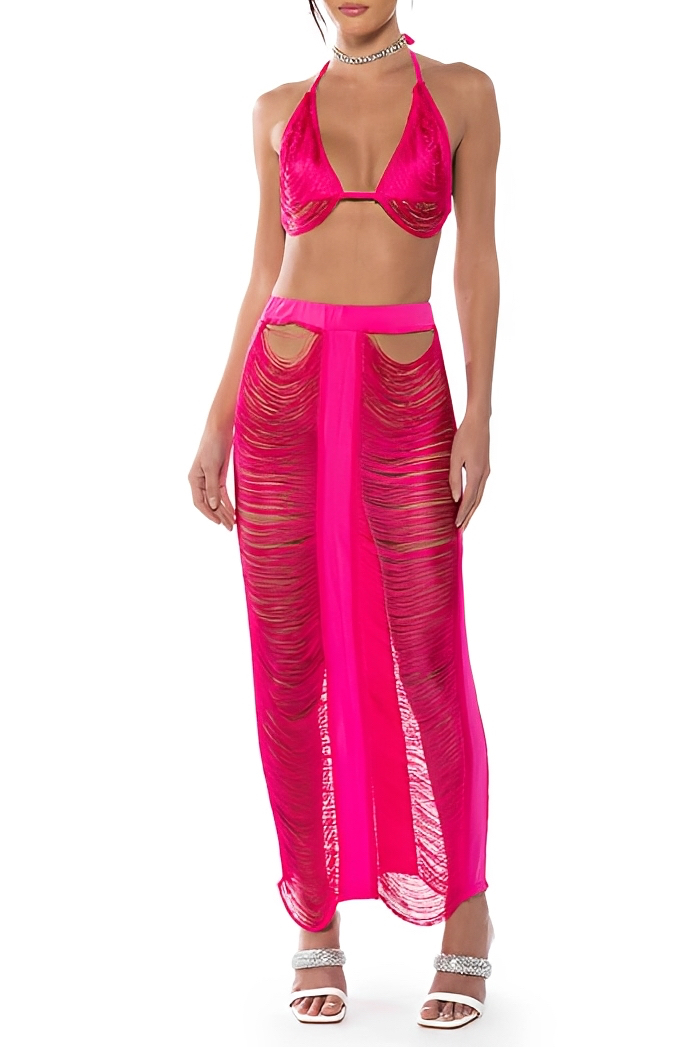 Bandage Tassel Cut-out Top & Mid Waist Maxi Skirt Set