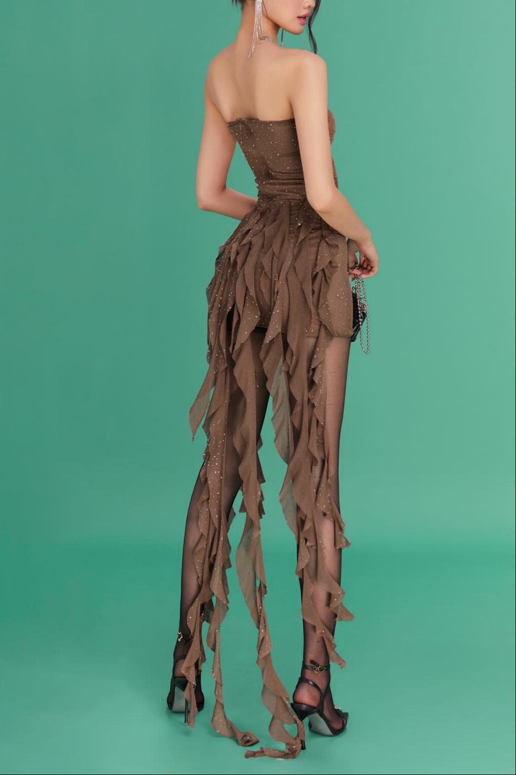 Mesh Rhinestone Ruffle Mini Dress