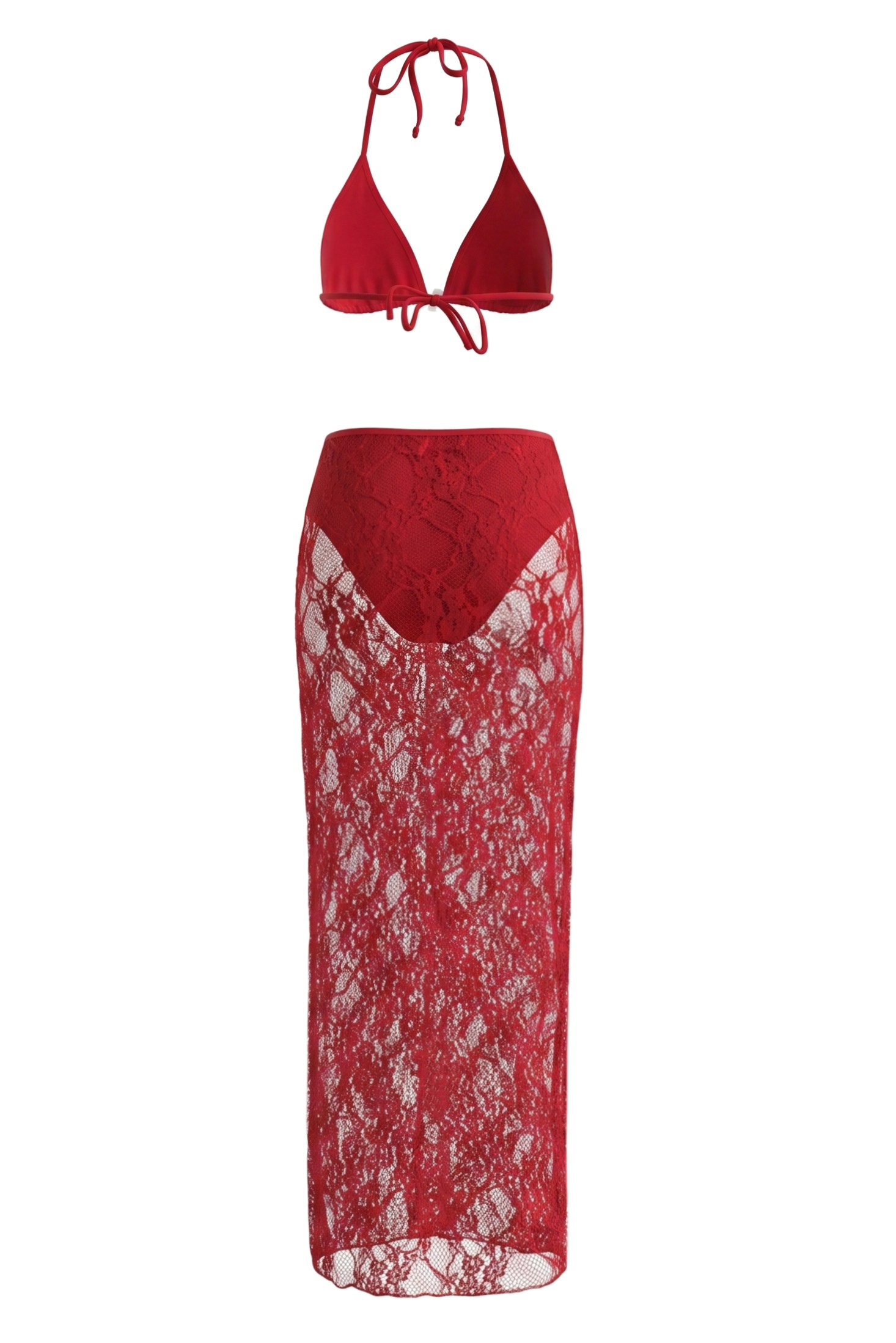 Solid Lace Halter Neck Bikini Three Piece Set