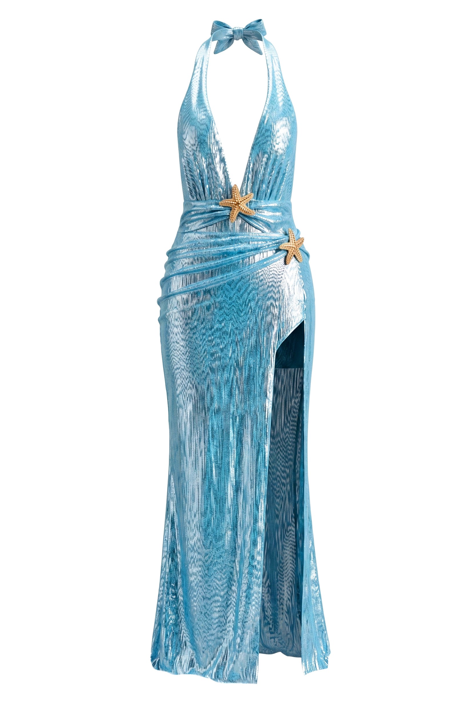 Metallic Fabric Halter Neck Metal Decorations Two Piece Swimsuit