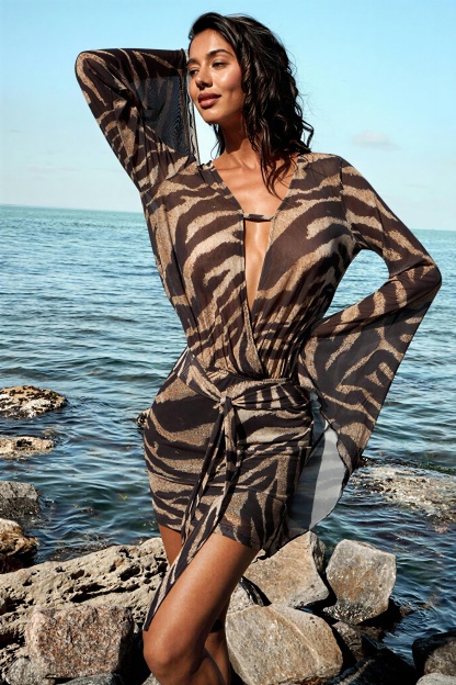 Animal Print Bell Sleeve See-Through Mini Dress