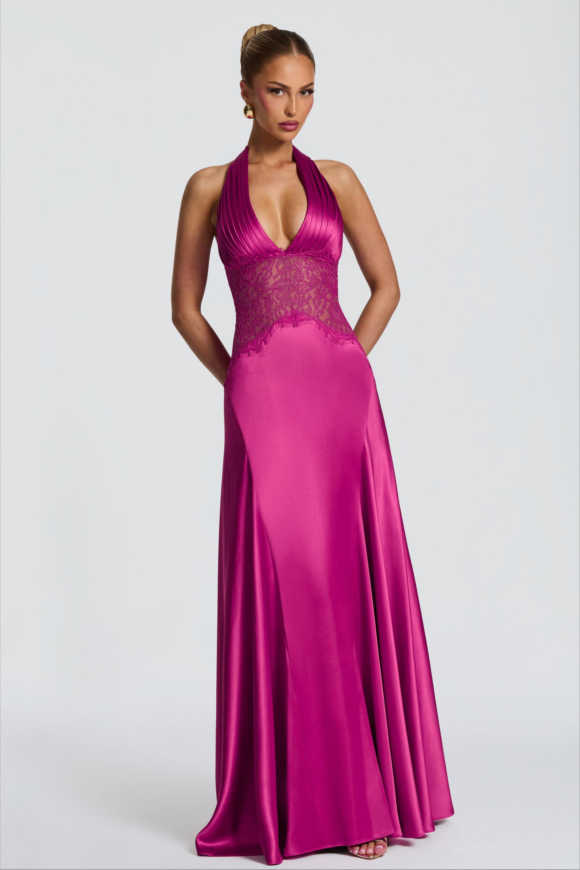 Satin Splicing Lace Halter Neck Pleated Maxi Dress