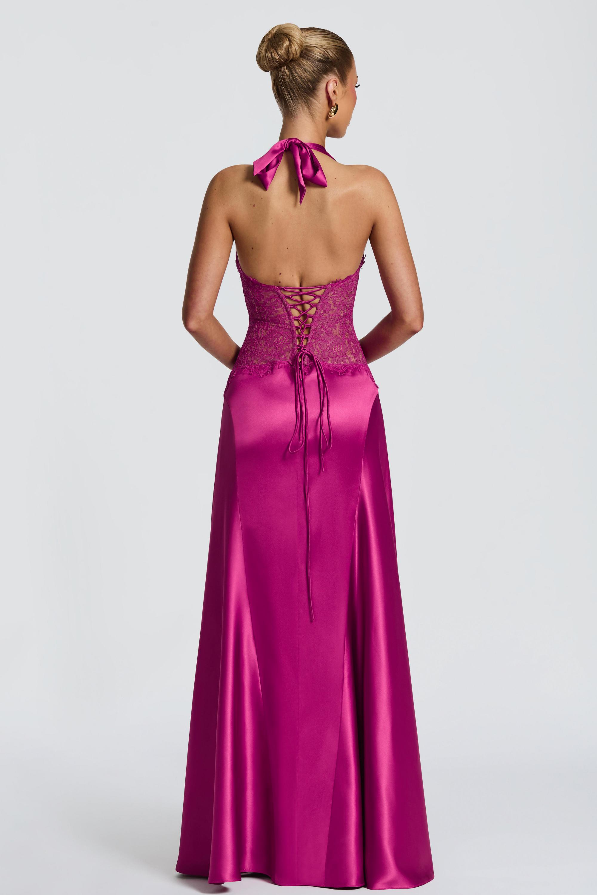 Satin Splicing Lace Halter Neck Pleated Maxi Dress