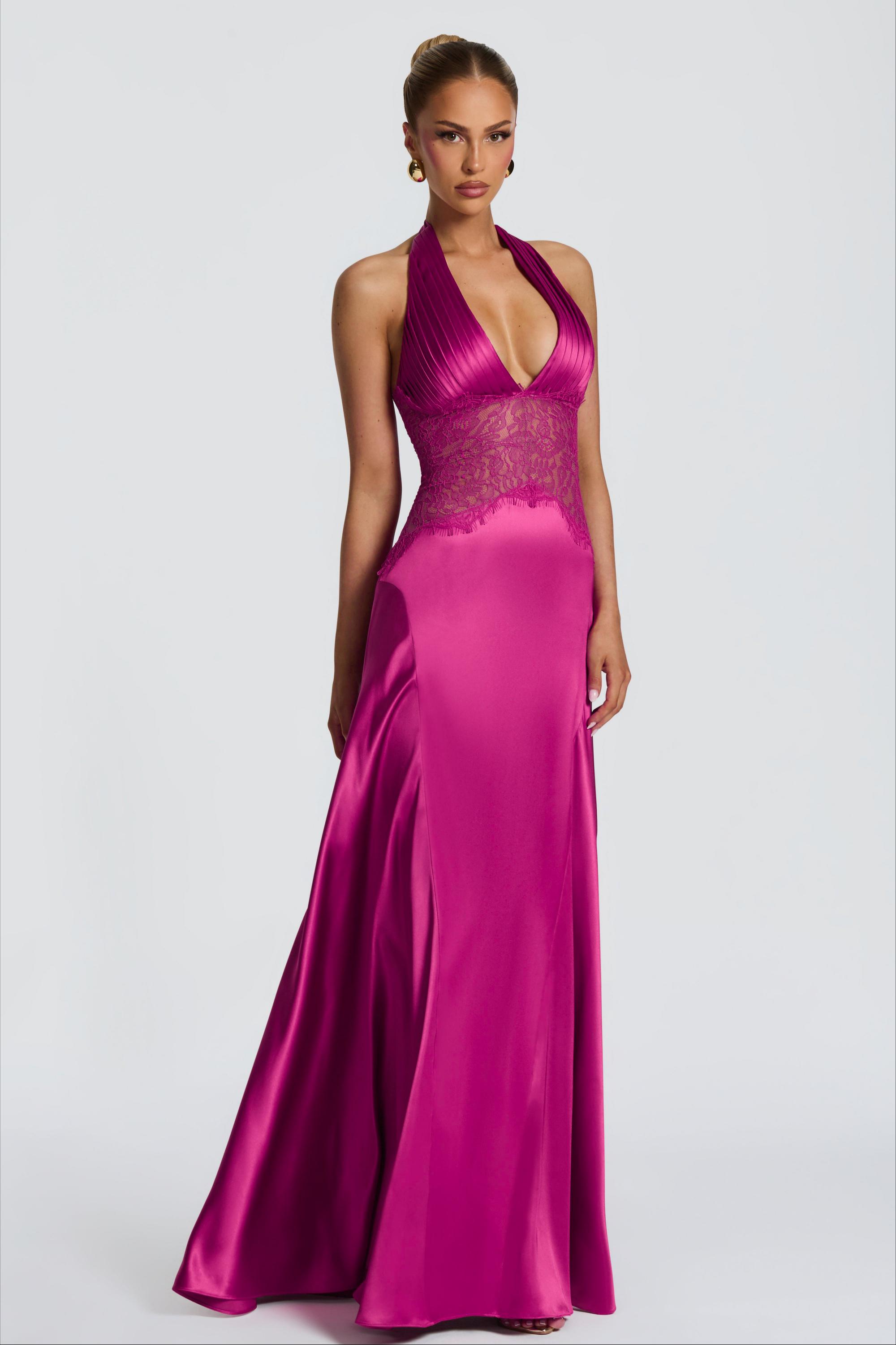 Satin Splicing Lace Halter Neck Pleated Maxi Dress
