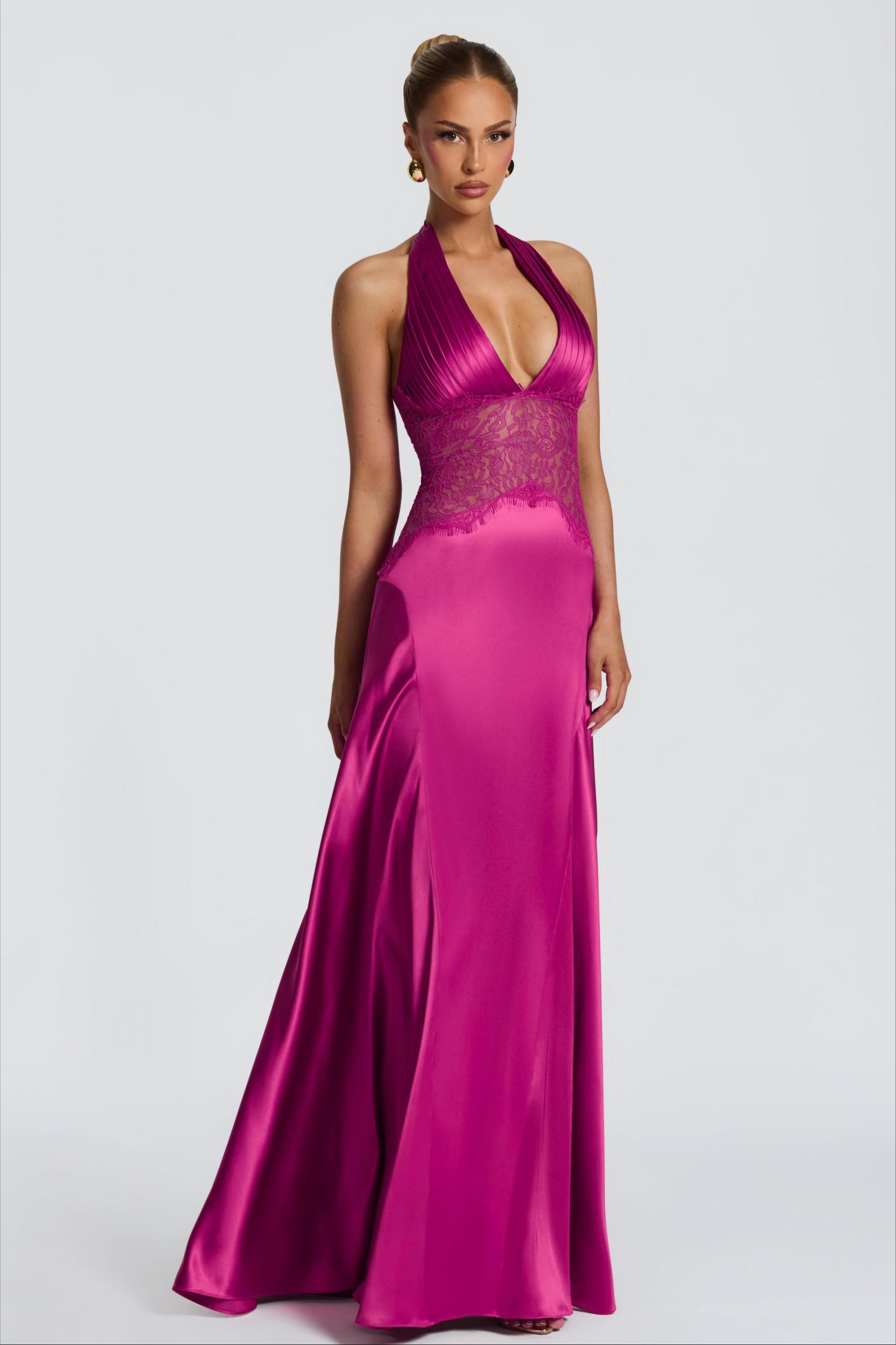 Satin Splicing Lace Halter Neck Pleated Maxi Dress